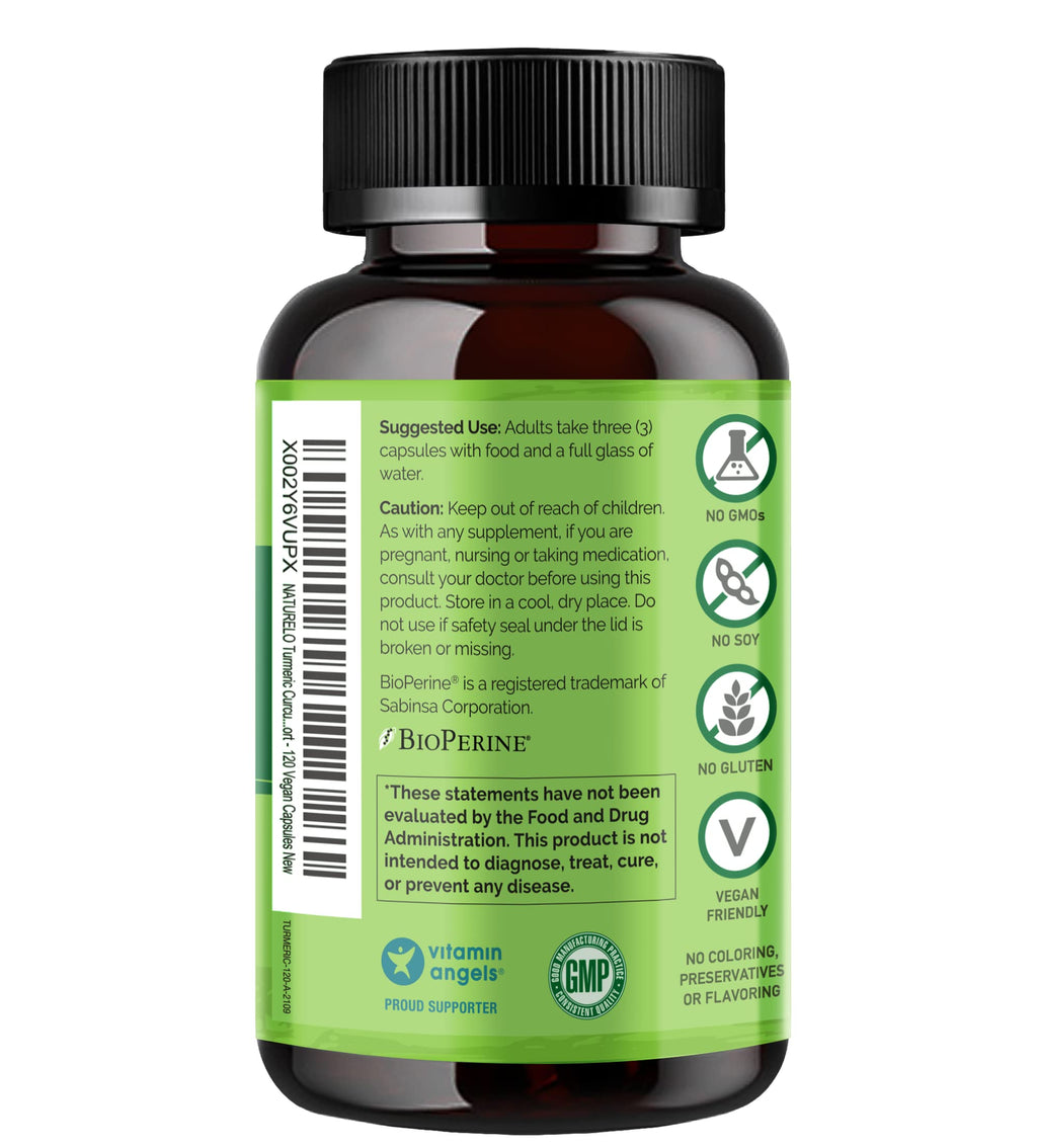 NATURELO Turmeric Curcumin - BioPerine for Better Absorption - Black Pepper, Ginger Root, Curcuminoids - Plant-Based Joint Discomfort Support