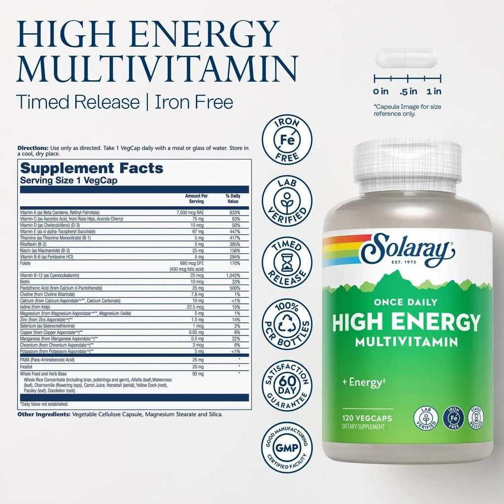 SOLARAY High Energy Multivitamin, No Iron, 1/Day, Timed-Release Formula, Whole Food & Herb Base 120 VegCaps SOLARAY Au supplements