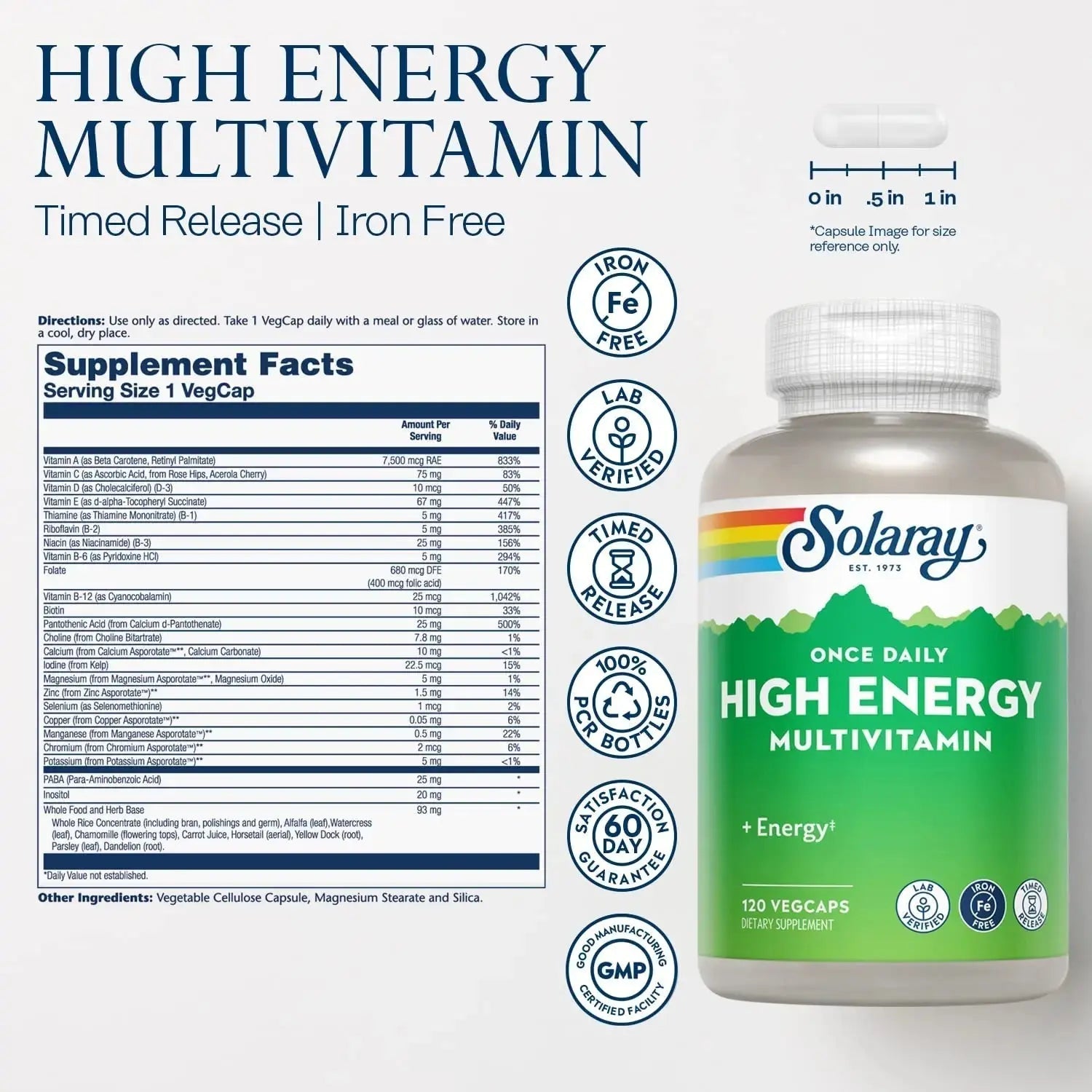 SOLARAY High Energy Multivitamin, No Iron, 1/Day, Timed-Release Formula, Whole Food & Herb Base 120 VegCaps SOLARAY Au supplements