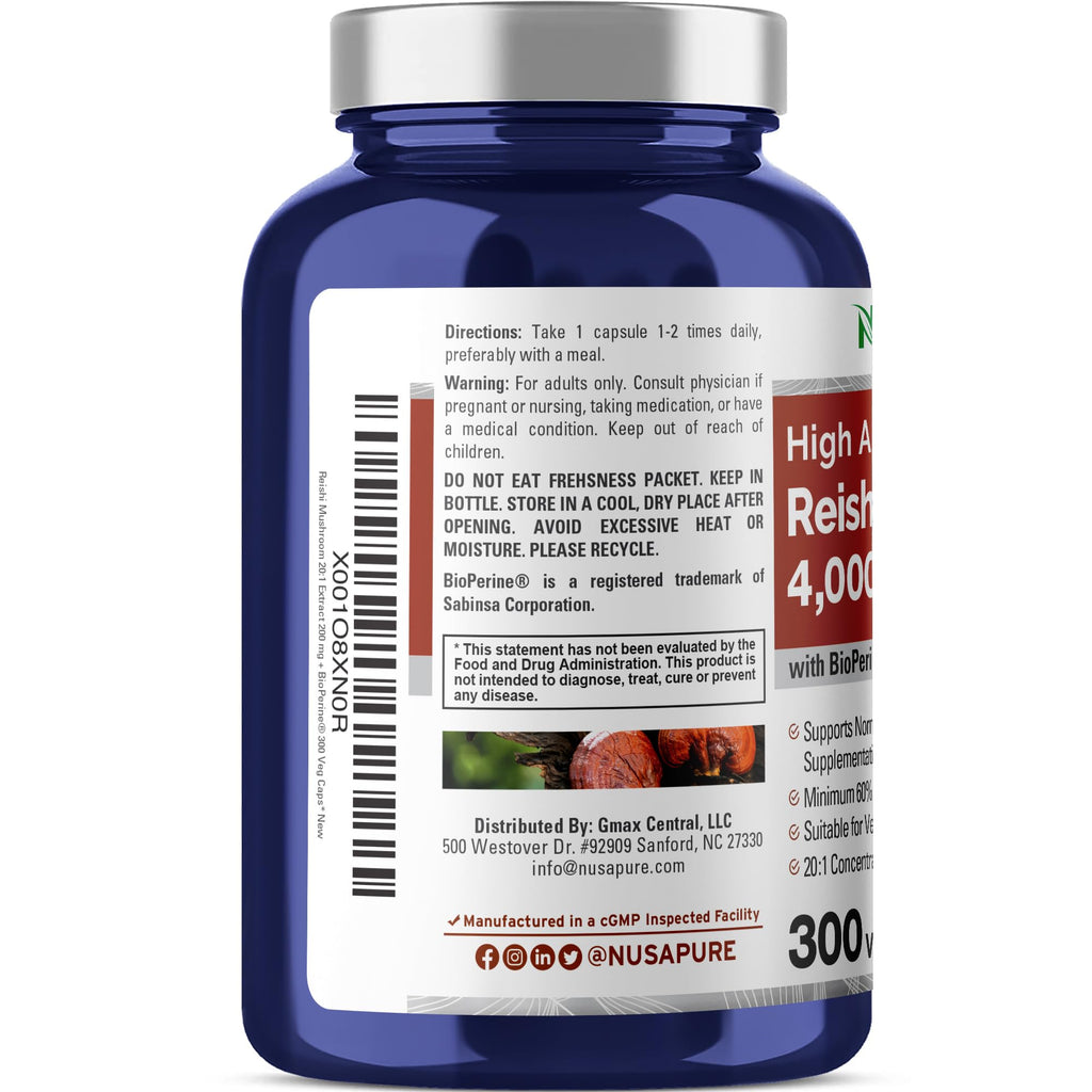 NusaPure Reishi Mushroom Extract 20:1 Extract, 200 mg Equivalent to 4000mg per Capsule 300 Veggie Caps Vegan, Non-GMO, Vegan NusaPure Au supplements
