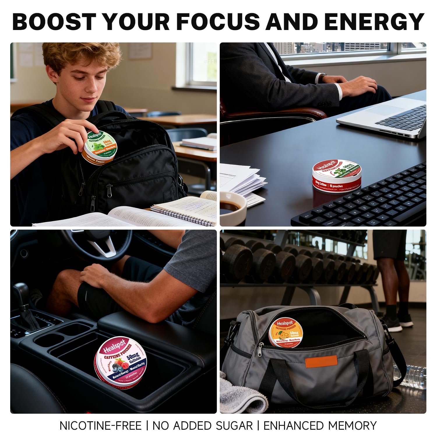 Healspot Nootropic Caffeine Pouches, Energy Pouches with 50mg Caffeine | Taurine | Vitamin B12 | Alpha-GPC | L-Theanine, Focus and Energy Supplements Variety Packs 5 Flavors Healspot Au supplements