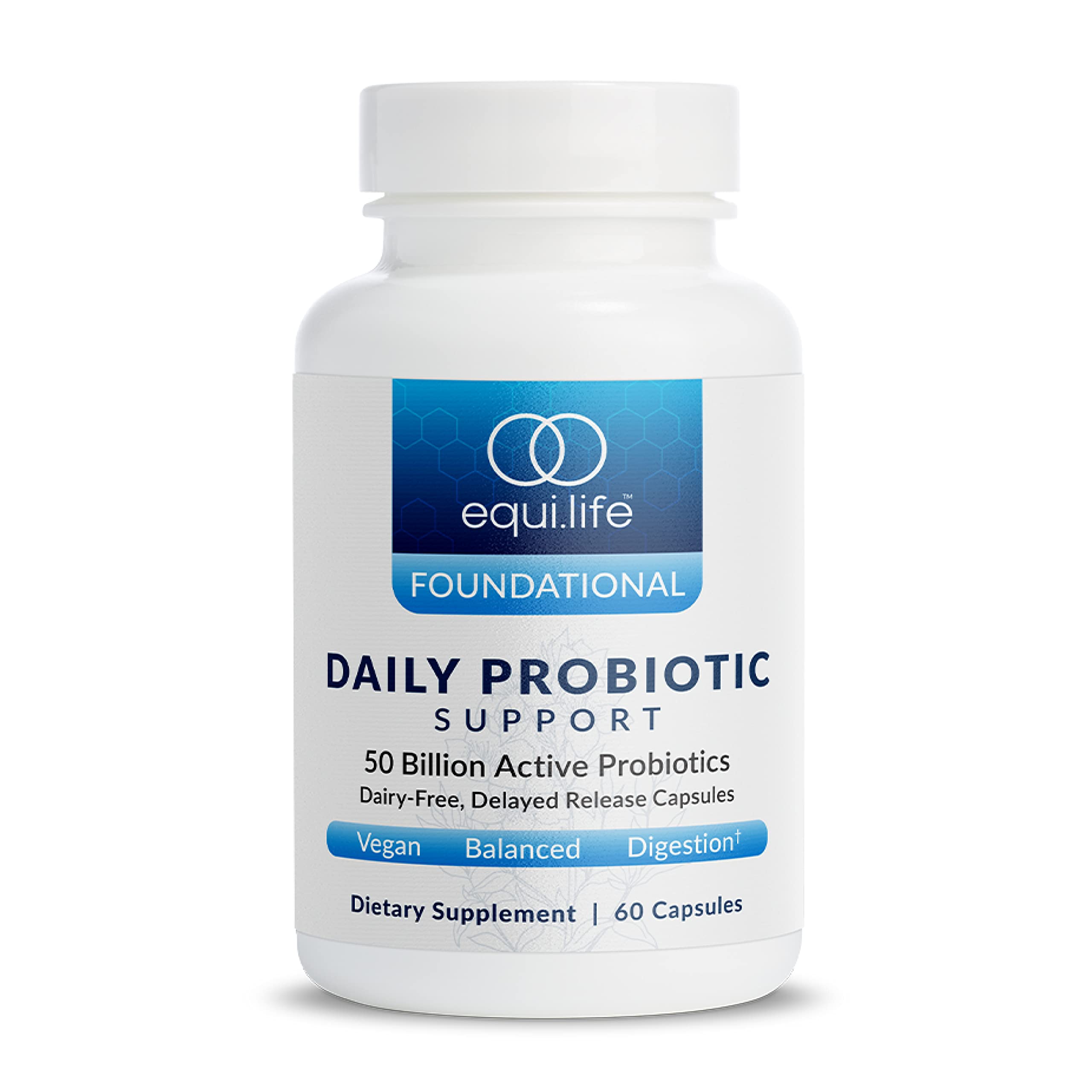 Equilife Daily Probiotic Support, 50 Billion CFU, 8 Probiotic Strains, Digestive and Gut Health Supplement for Men and Women, Gluten Free, Soy and Dairy Free