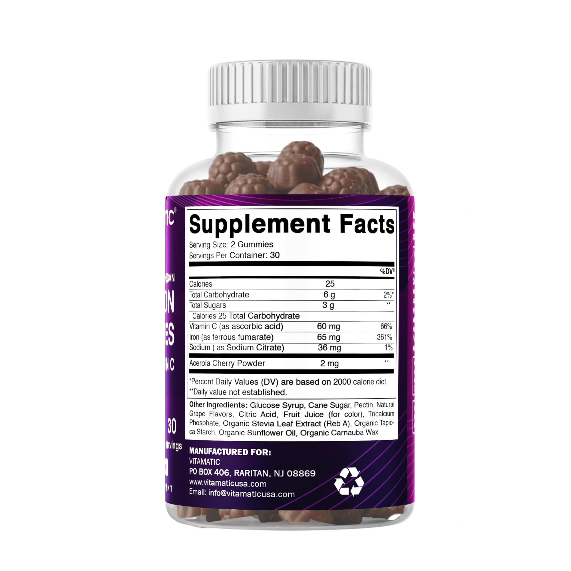 Vitamatic Iron 65 mg Gummies Supplement for Women & Men - 60 Vegan Gummies - Great Tasting Iron Gummy Vitamins with Vitamin C (1)