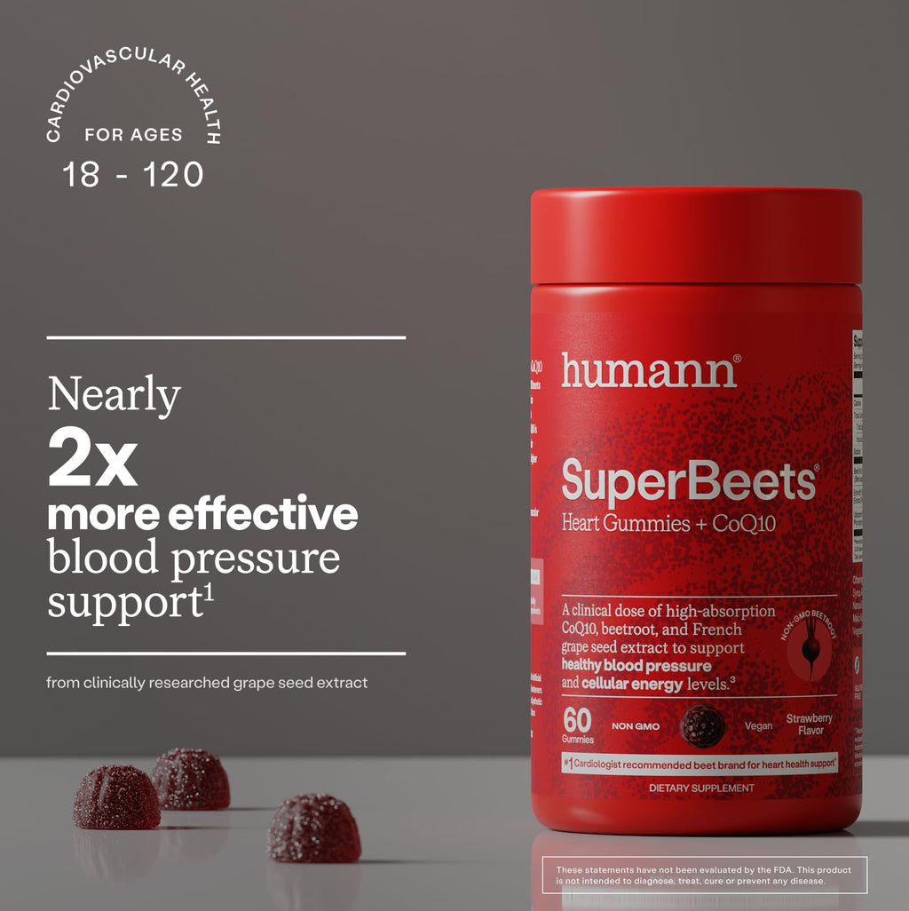 Humann SuperBeets 3-in-1 Heart Gummies - 3x Absorption CoQ10 - Plus Beetroot Extract & Grape Seed Extract for Advanced Heart Health, Cellular Energy & Circulation Support
