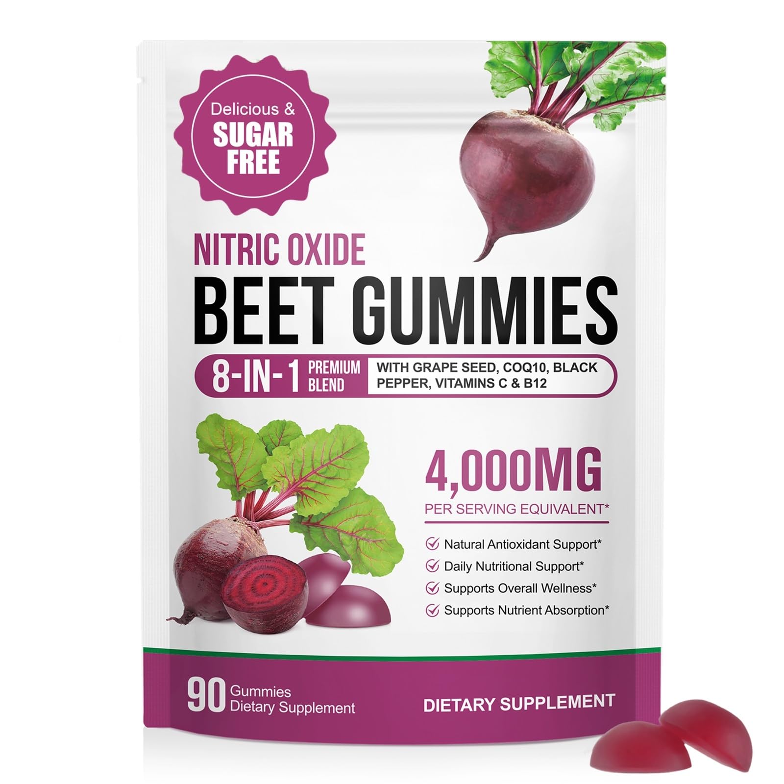 ECHTEYUN Super Beetroot Gummies, 8 in 1 Beet Root 4,000mg with Grape Seed Extract & CoQ10, Sugar Free - 90 Count (1)