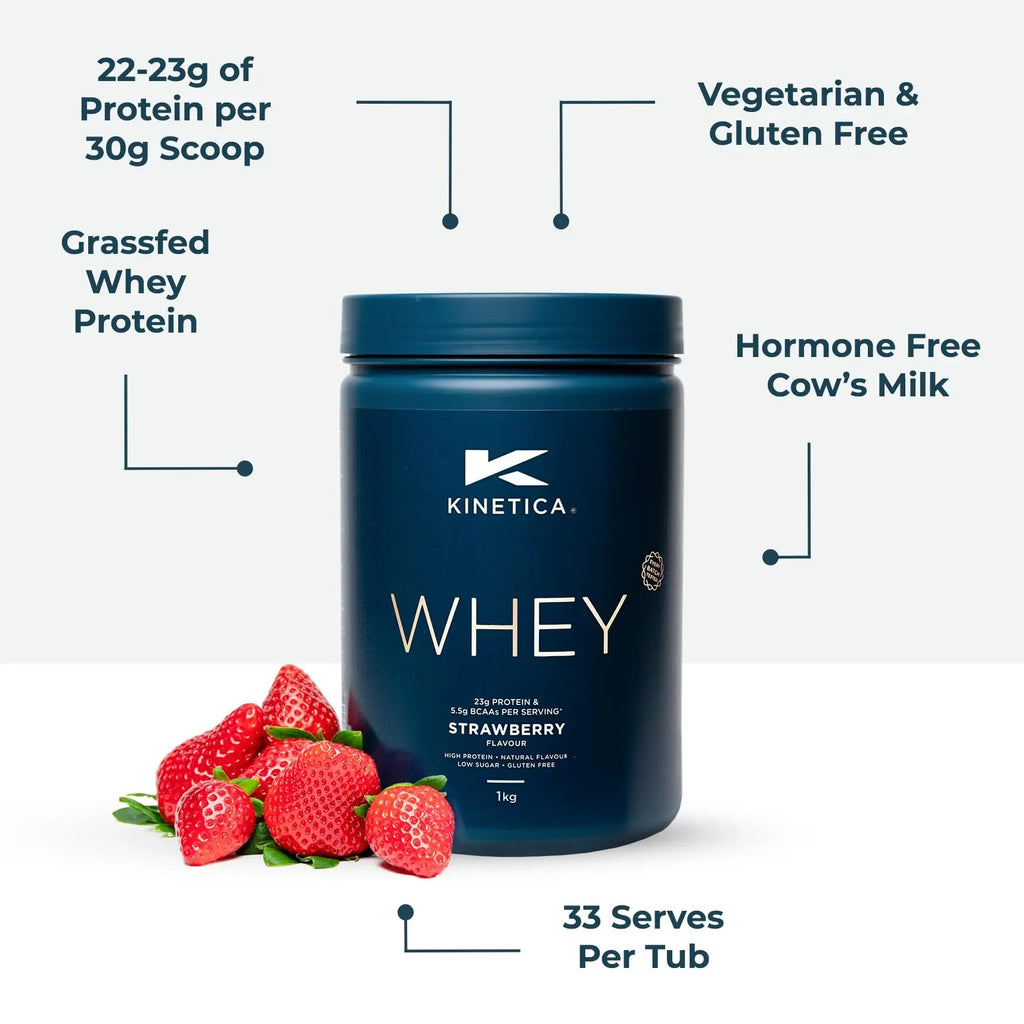 Kinetica Premium Whey Protein Powder | Grass Fed | Strawberry | 1kg | 33 Servings Kinetica Au supplements