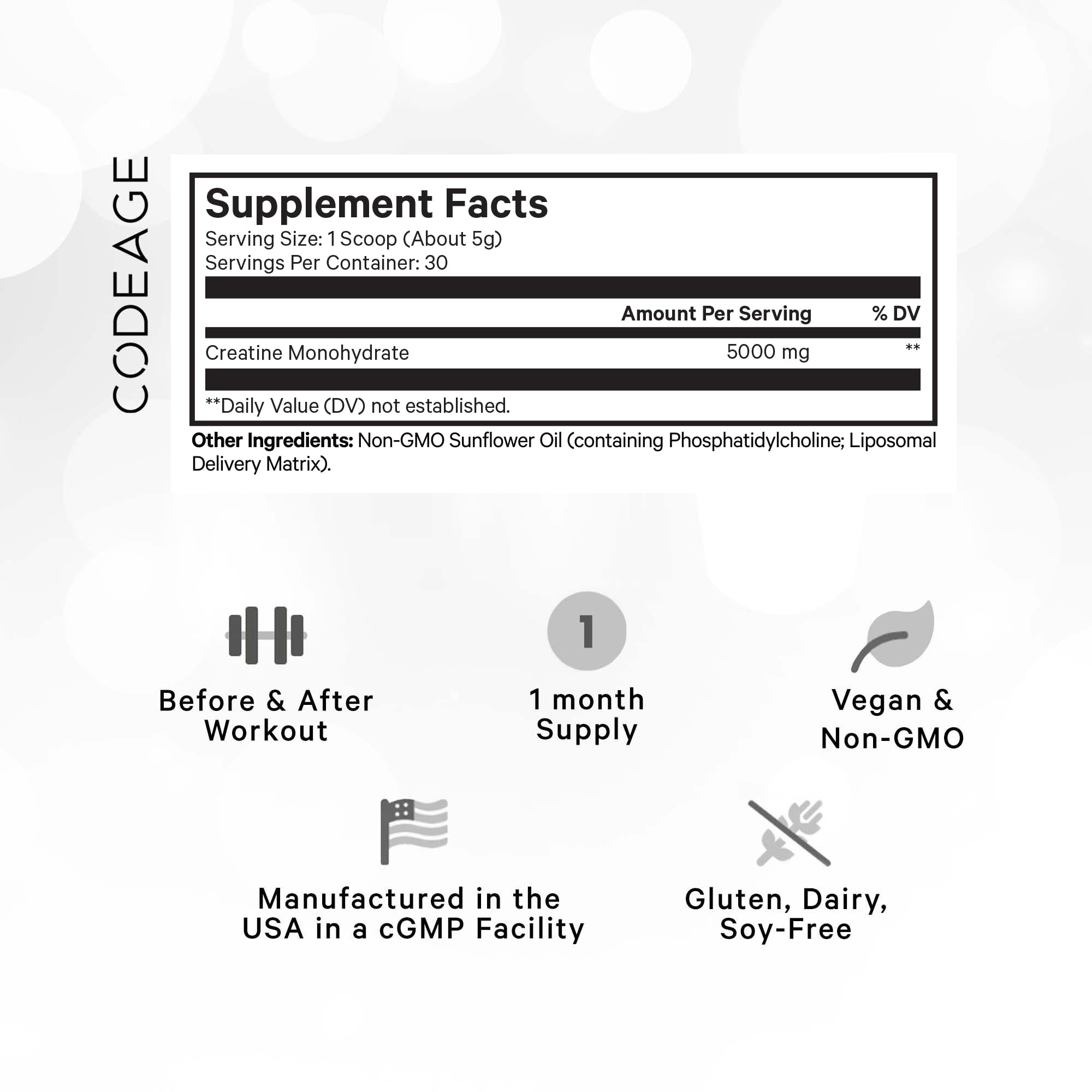 Codeage Liposomal Creatine Powder Supplement, Pure Creatine Monohydrate 5000mg, Pre Workout & Post Workouts - Unflavored Creatine, Micronized Creatine Powder - Creatinine for Sports - 30 Servings Codeage Au supplements