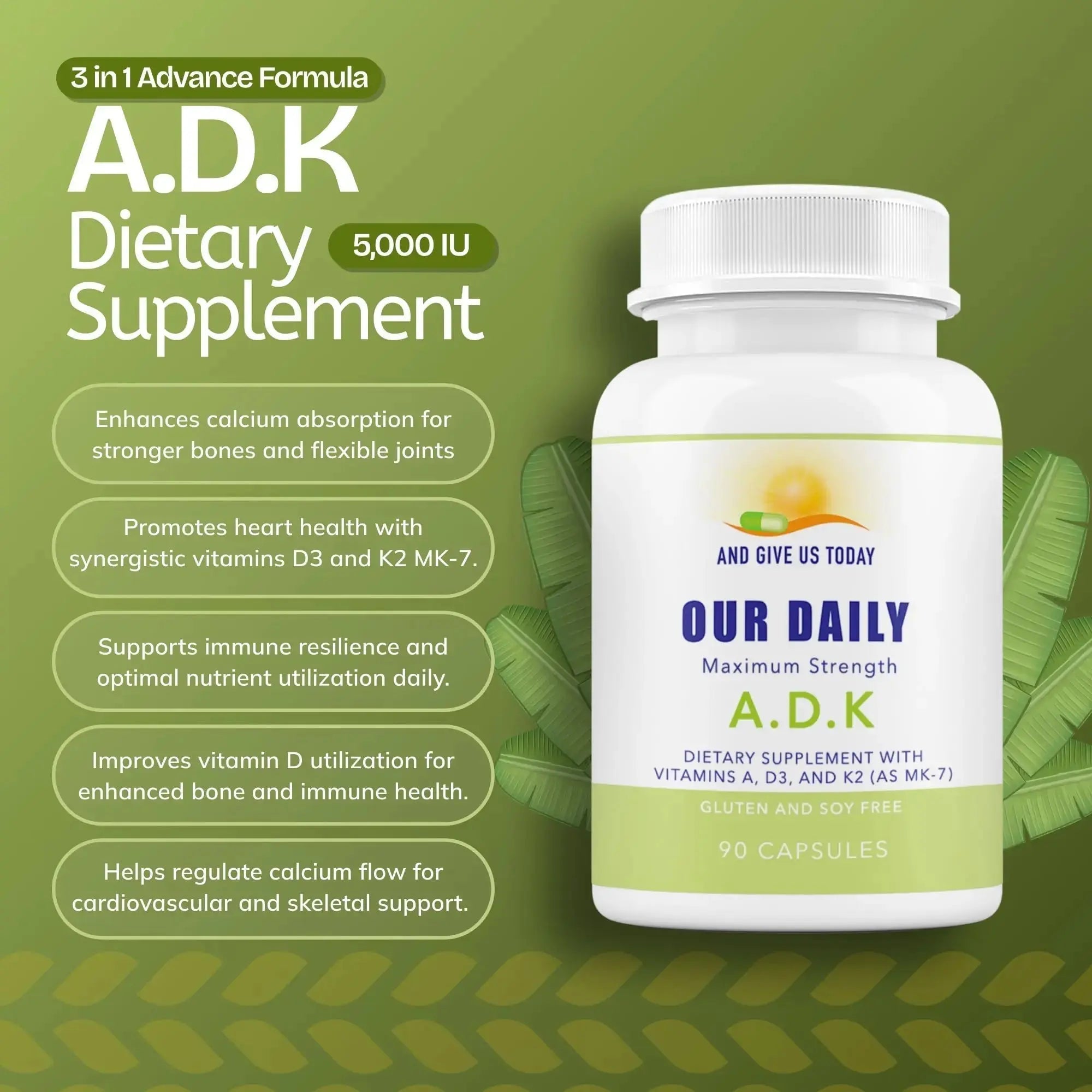 Daily Vites, ADK Vitamin Supplement 5000 IU, 90 Capsules - 3 Months Supply - High Potency Vitamin A, D3 & K2 (MK-7) - Physician Formulated ADK for Bone, Heart AND GIVE US TODAY OUR DAILY Au supplements