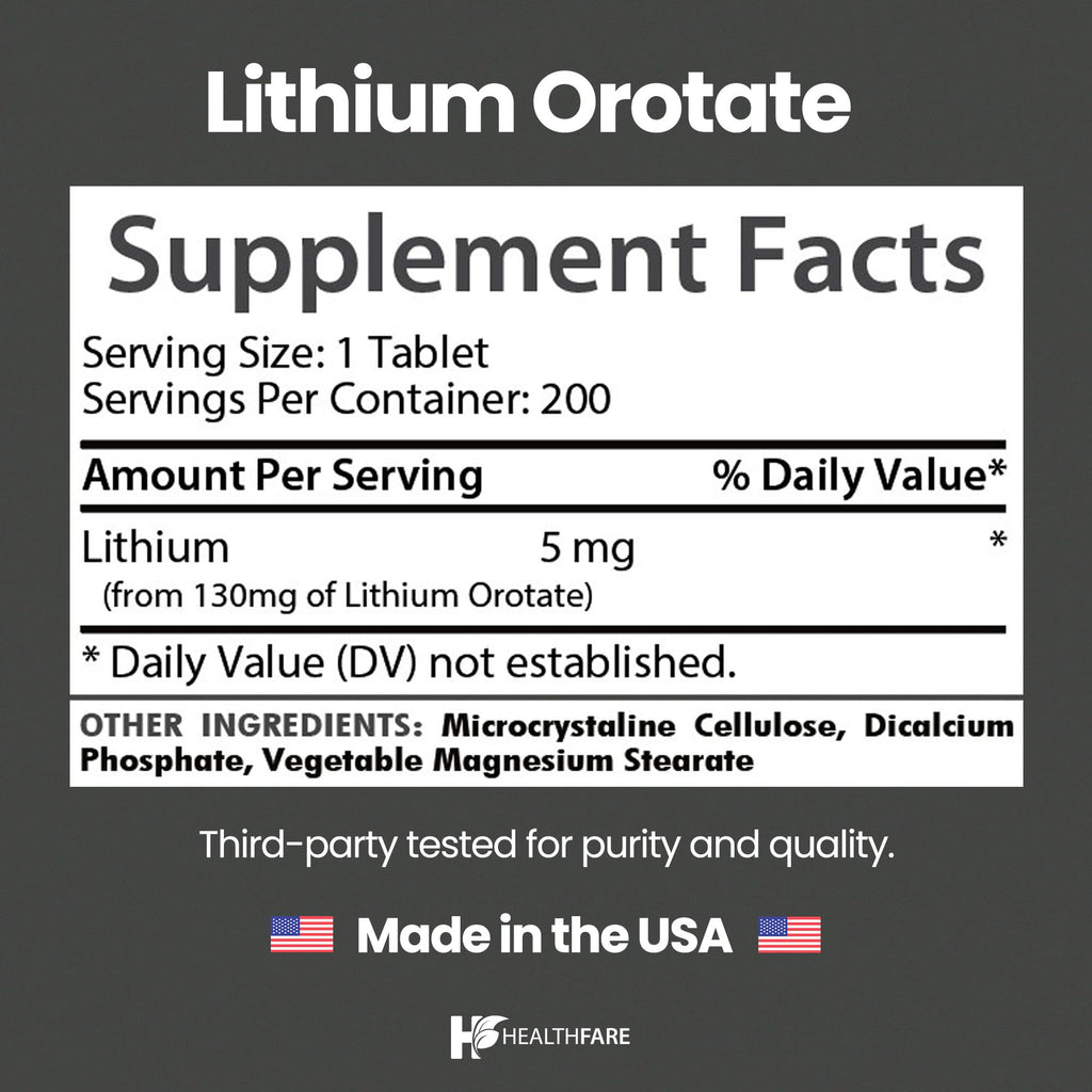 HealthFare Lithium Orotate Supplement 130mg | 200 Vegetarian Tablets | High Bioavailability Trace Mineral | Mood, Brain & Memory Support