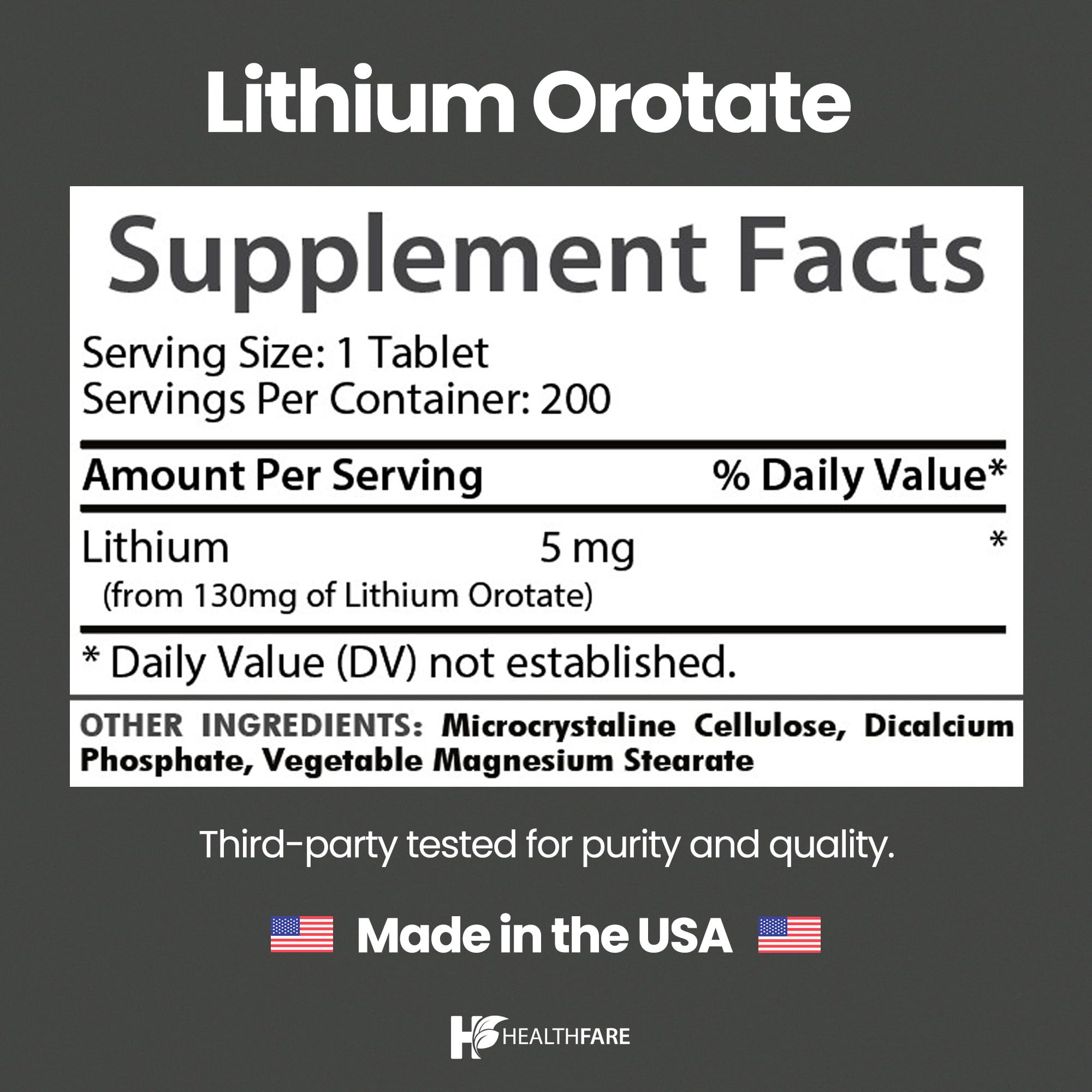 HealthFare Lithium Orotate Supplement 130mg | 200 Vegetarian Tablets | High Bioavailability Trace Mineral | Mood, Brain & Memory Support