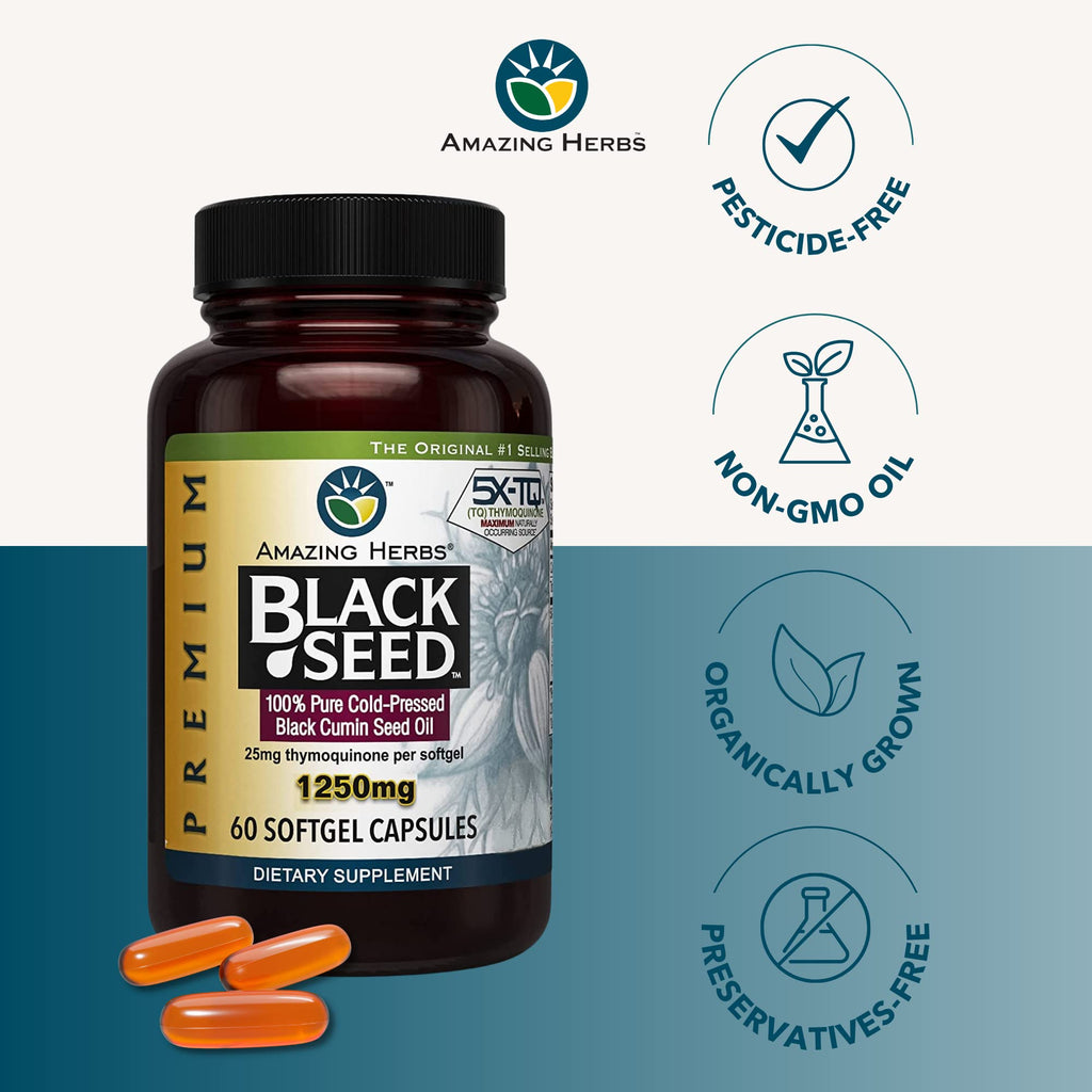 Amazing Herbs Premium  Capsules - High Potency, Cold Pressed Nigella Sativa Aids in Digestive Health