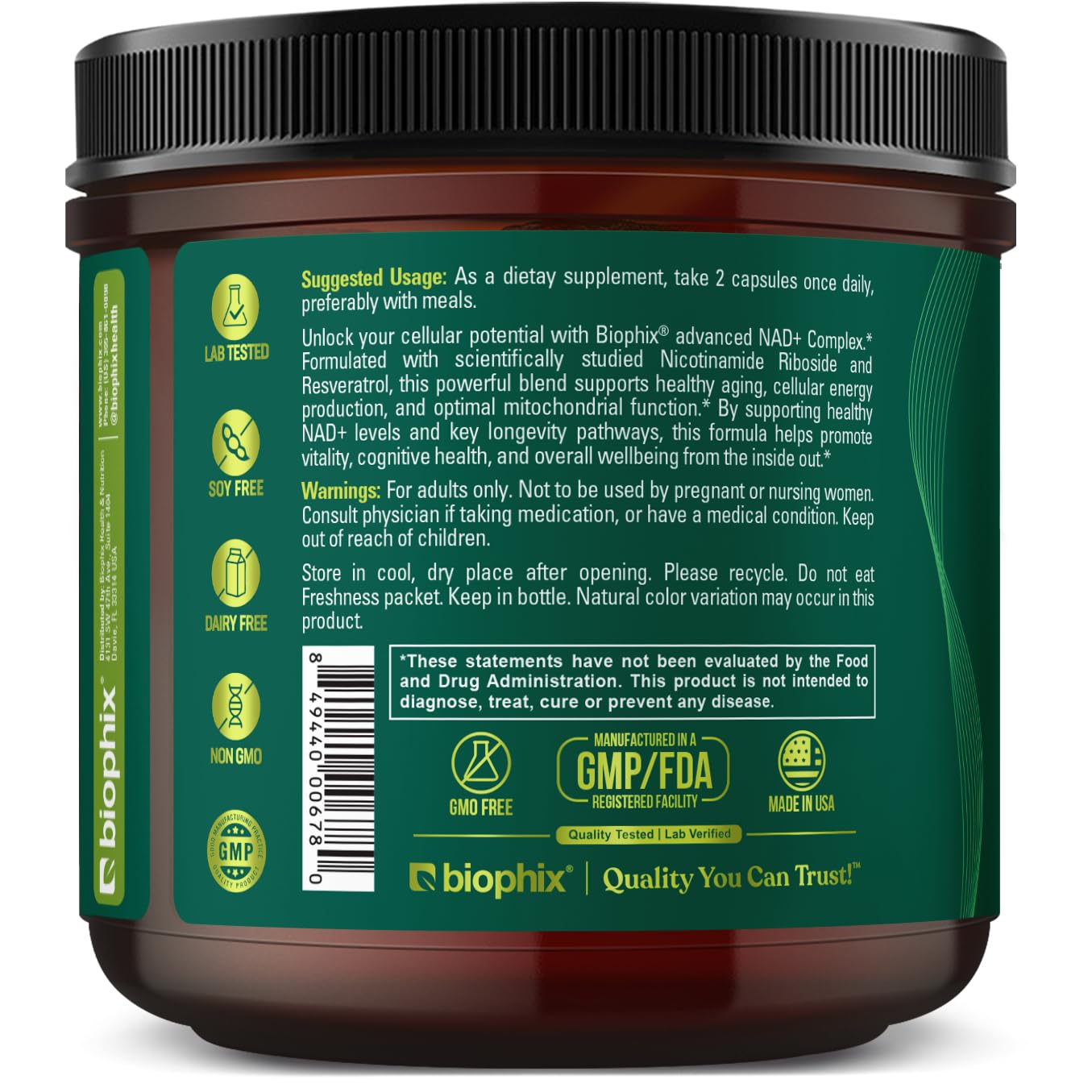 biophix NAD+ Liposomal Supplement for Women & Men - 1000 mg per Serving - Nicotinamide Riboside, Micronized Resveratrol & Quercetin Complex - 100 Veg Capsules - Non-GMO, Gluten-Free, cGMP Certified biophix Au supplements