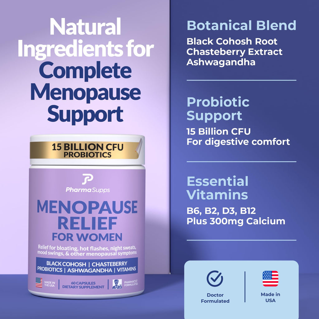 Natural Menopause Supplements for Women - Perimenopause Supplements for Hormonal Balance, Bloating & Mood Swings | Hot Flashes Menopause Relief w/Probiotics & Prebiotics, Black Cohosh & Chasteberry PharmaSupps Au supplements