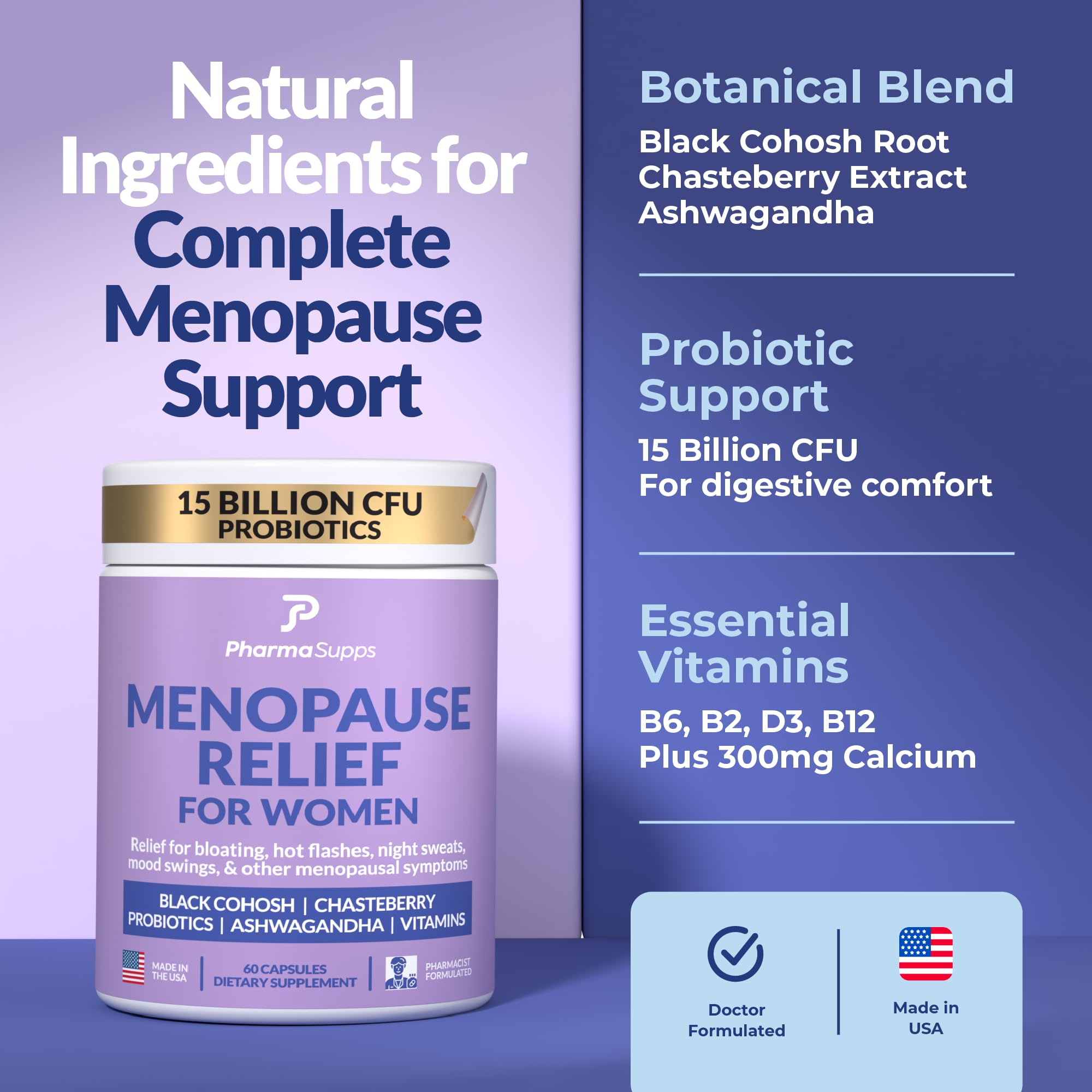 Natural Menopause Supplements for Women - Perimenopause Supplements for Hormonal Balance, Bloating & Mood Swings | Hot Flashes Menopause Relief w/Probiotics & Prebiotics, Black Cohosh & Chasteberry PharmaSupps Au supplements