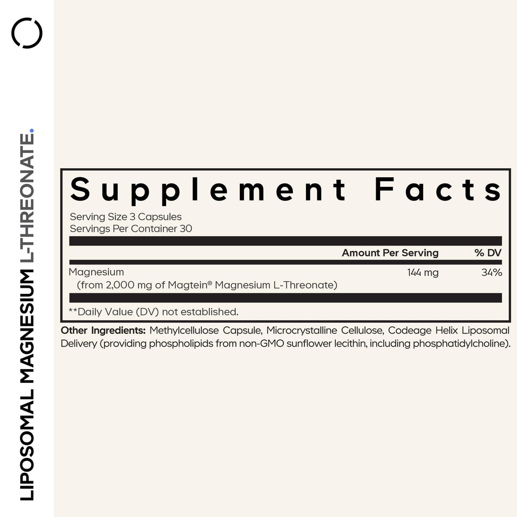 Codeage Liposomal Magnesium L-Threonate Supplement, Patented Magtein Magnesium Threonate for Brain Health, Memory and Cognitive Function Support, Bioavailable, Non-GMO - 90 Capsules Codeage Au supplements