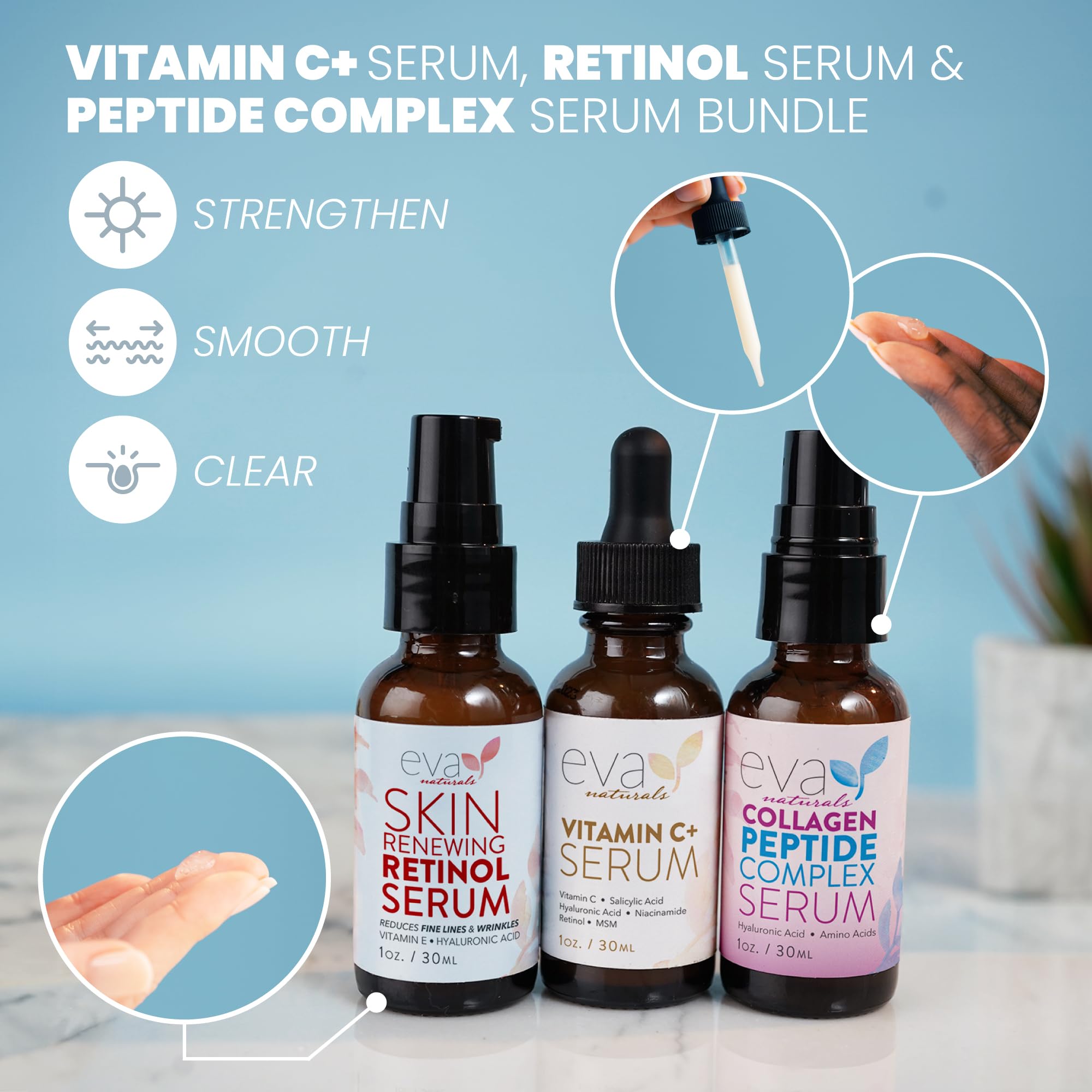 Eva Naturals Trifecta Face Serum Set – Retinol, Vitamin C & Peptides with Hyaluronic Acid & Niacinamide – Anti-Aging Skincare Bundle for Women
