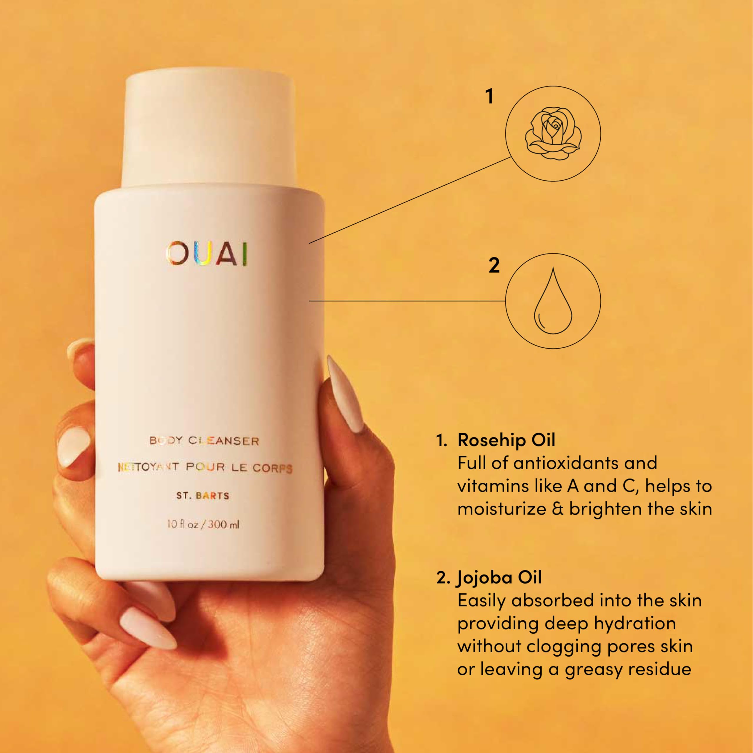 OUAI Body Cleanser, St. Barts - Foaming Body Wash with Jojoba Oil and Rosehip Oil to Hydrate, Nurture, Balance and Soften Skin - Paraben