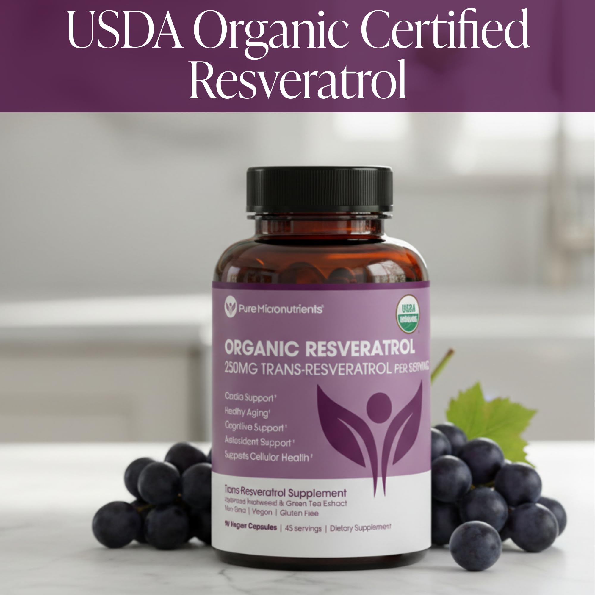 Organic Resveratrol Supplement – Trans-Resveratrol Capsules with Green Tea – Highly Purified & Bioavailable