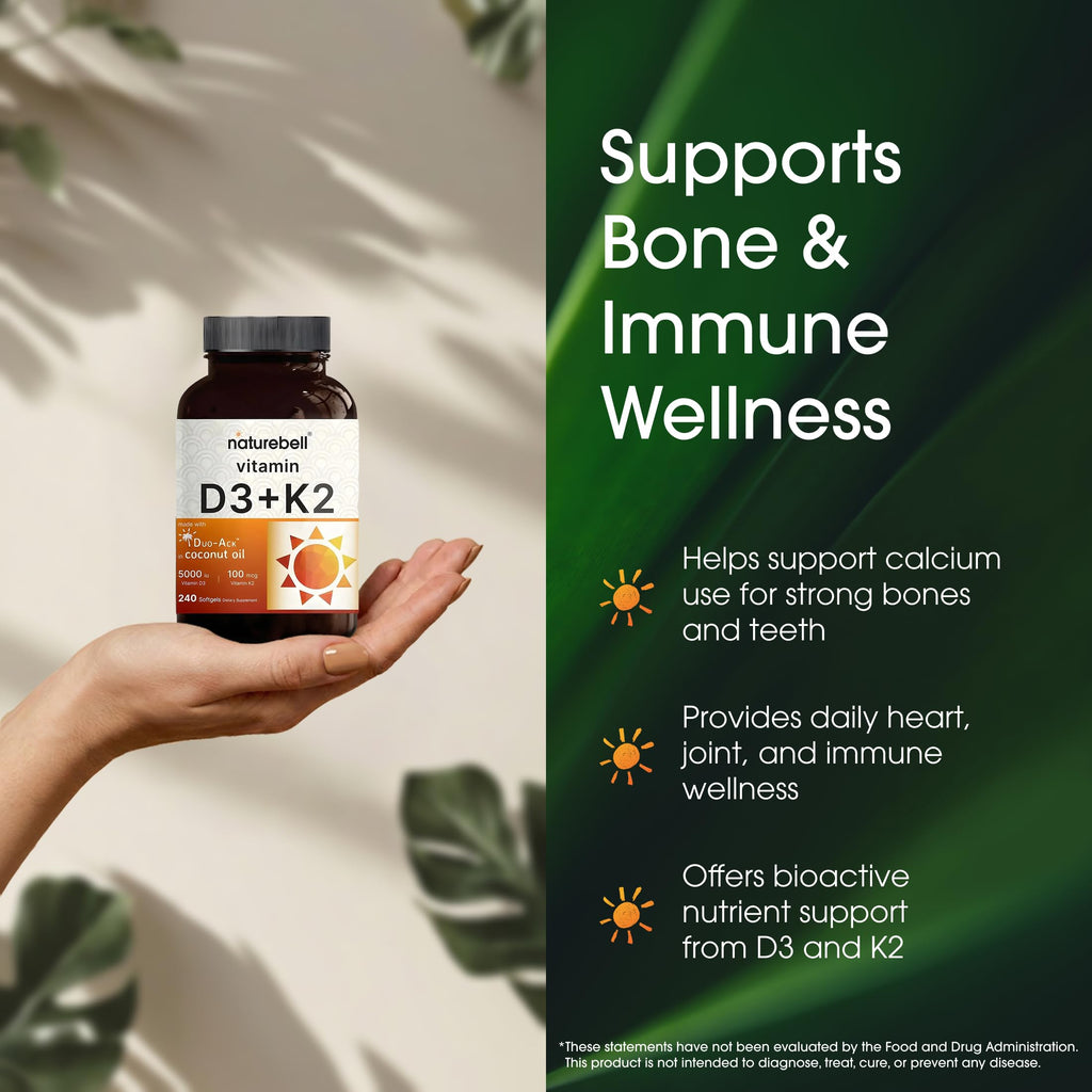NatureBell Vitamin D3 K2-240 Softgels - 5,000 IU Vitamin D3 & 100mcg Vitamin K2 MK-7 - with Virgin Coconut Oil - Bone, Heart & Immune Health Support