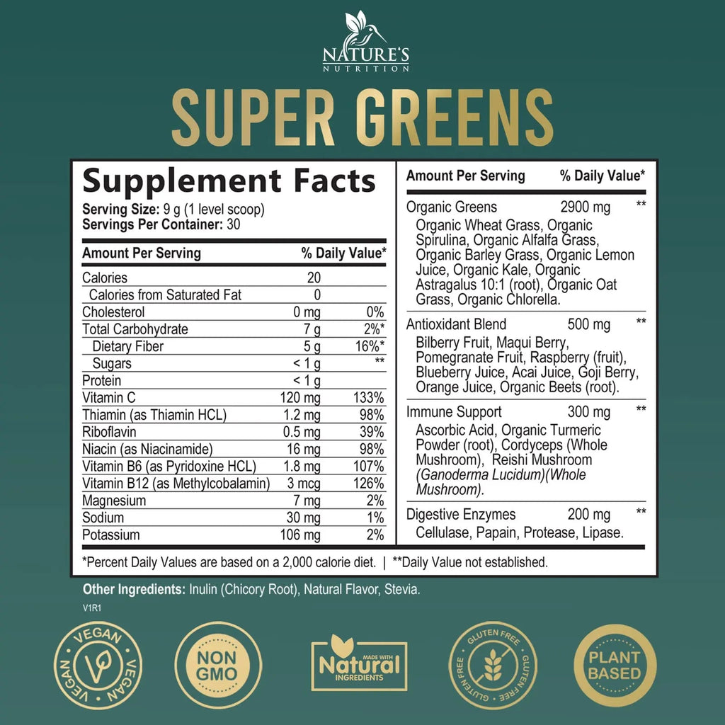 Greens Superfood Powder Supplement - Super Green Smoothie Mix Blend with Spirulina Nature's Nutrition Au supplements