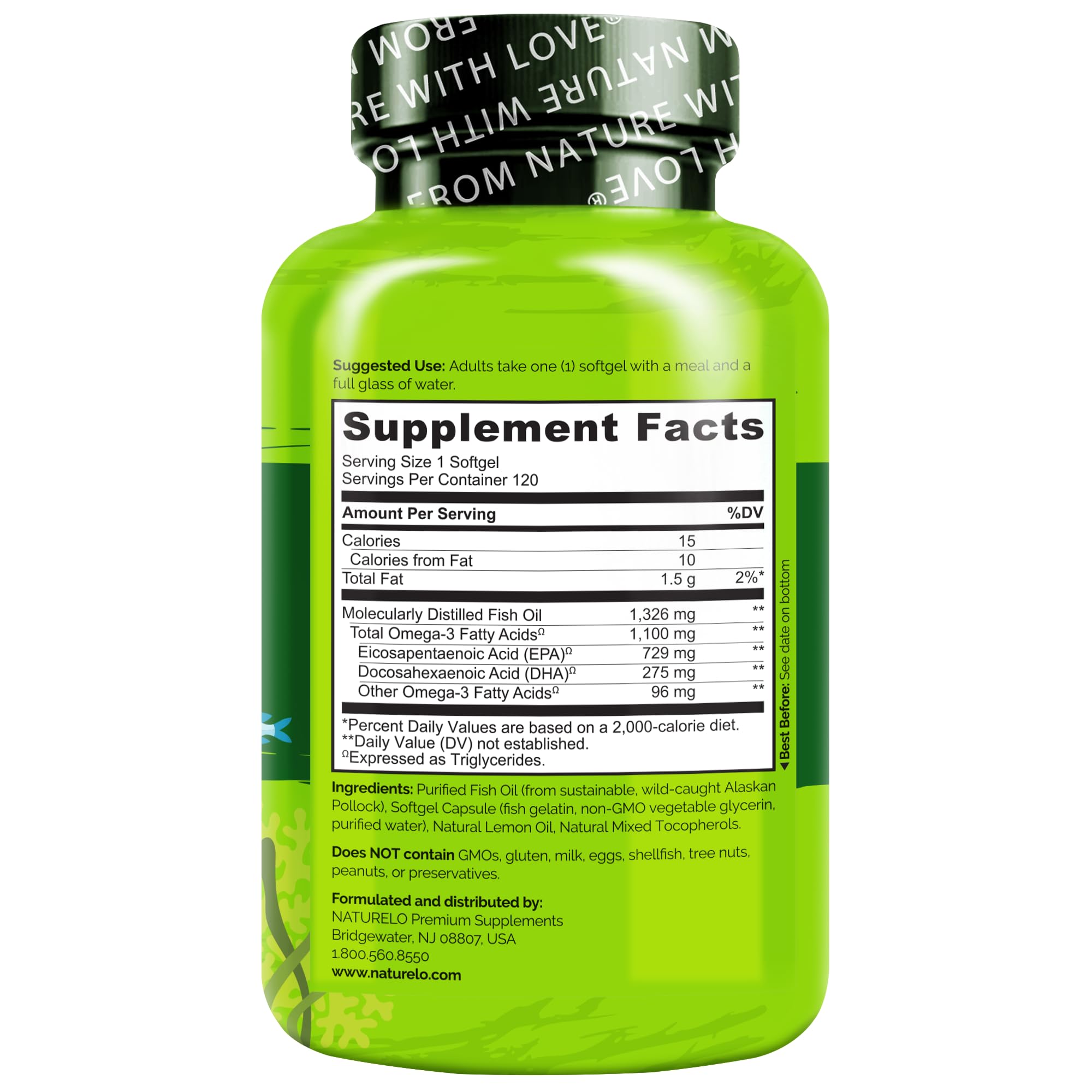 NATURELO Burpless Omega 3 Fish Oil Supplement - 1100mg Triglyceride Omega-3, EPA + DHA, Liquid Fish Oil for Heart, Eye, Brain, Joint Health
