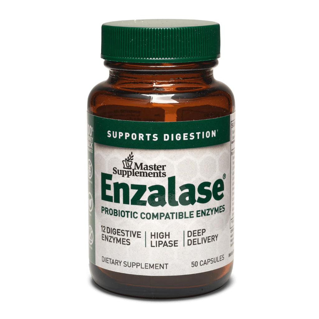 Master Supplements Enzalase - 50 Capsules - Probiotic Compatible Enzymes - Provides Digestive Boost + Gas & Bloating Relief - Gluten Free - 50 Servings