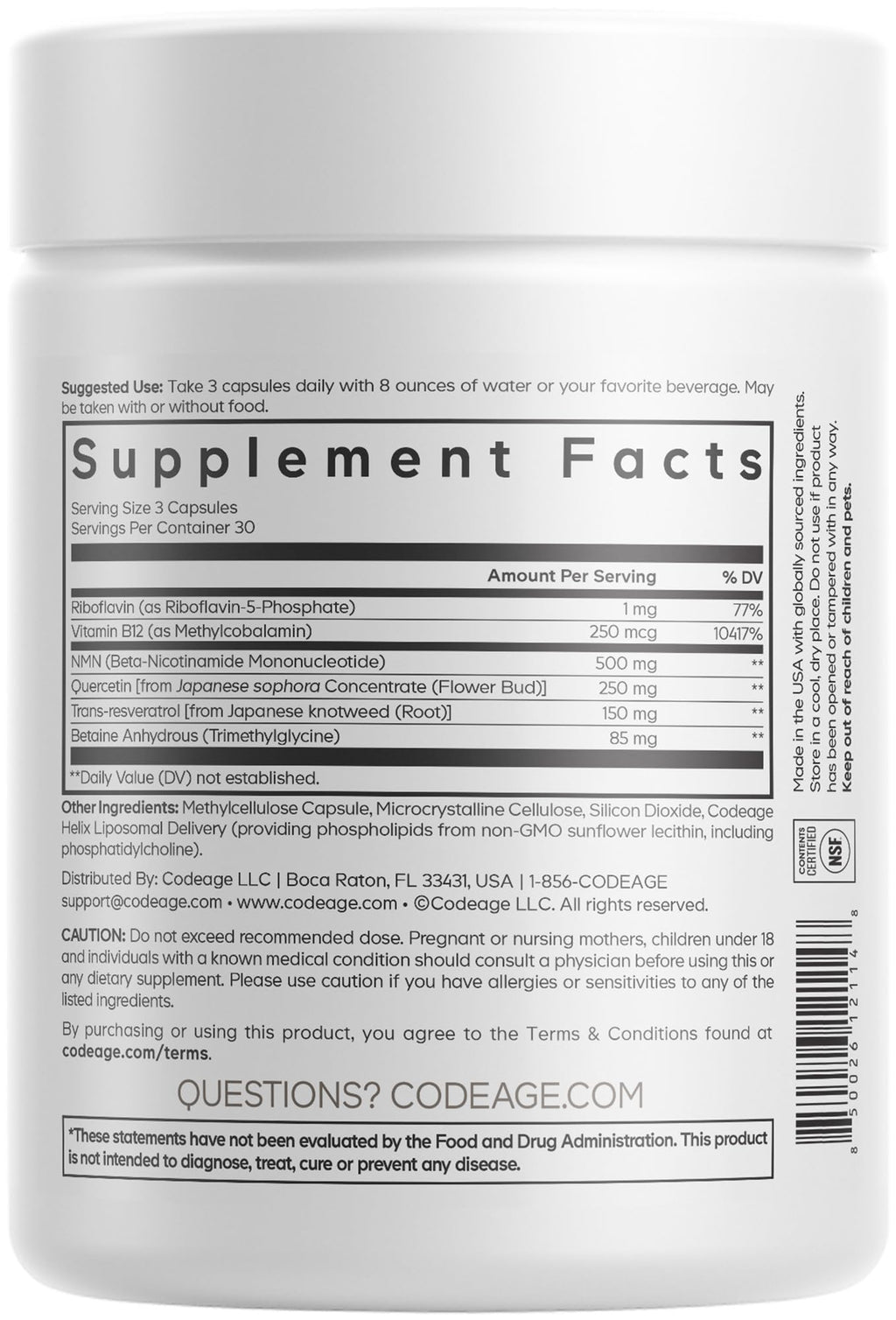 Codeage Liposomal NMN Platinum - 500 mg NMN Supplement, Nicotinamide Mononucleotide, NAD Precursor - Quercetin, Resveratrol, Betaine TMG, Vitamin B2 Riboflavin & Vitamin B12 - Non-GMO - 90 Capsules Codeage Au supplements