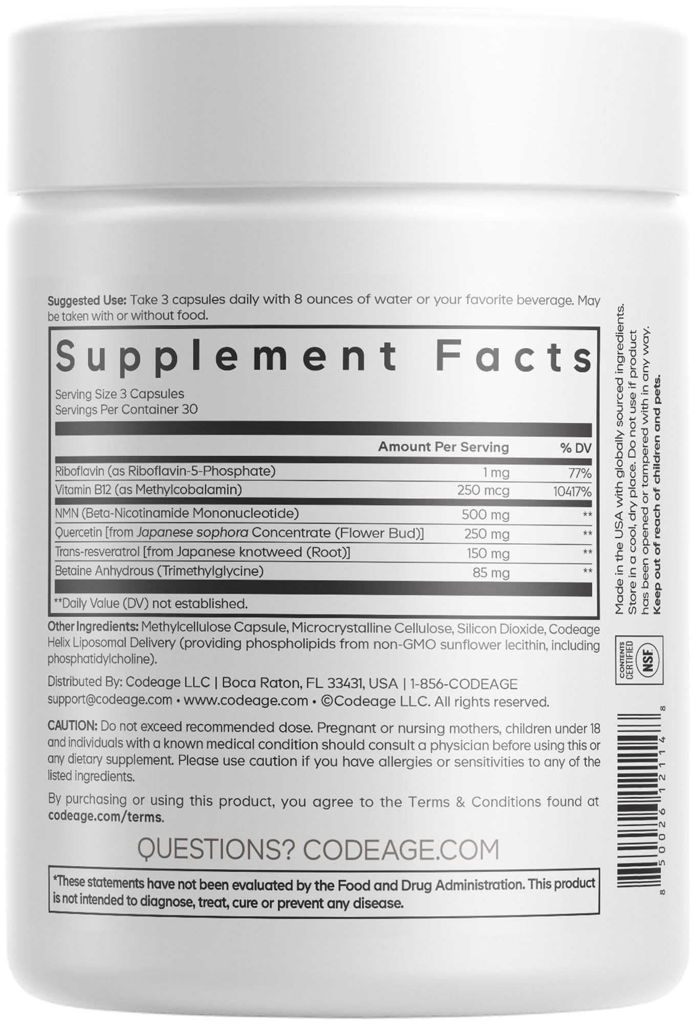 Codeage Liposomal NMN Platinum - 500 mg NMN Supplement, Nicotinamide Mononucleotide, NAD Precursor - Quercetin, Resveratrol, Betaine TMG, Vitamin B2 Riboflavin & Vitamin B12 - Non-GMO - 90 Capsules Codeage Au supplements