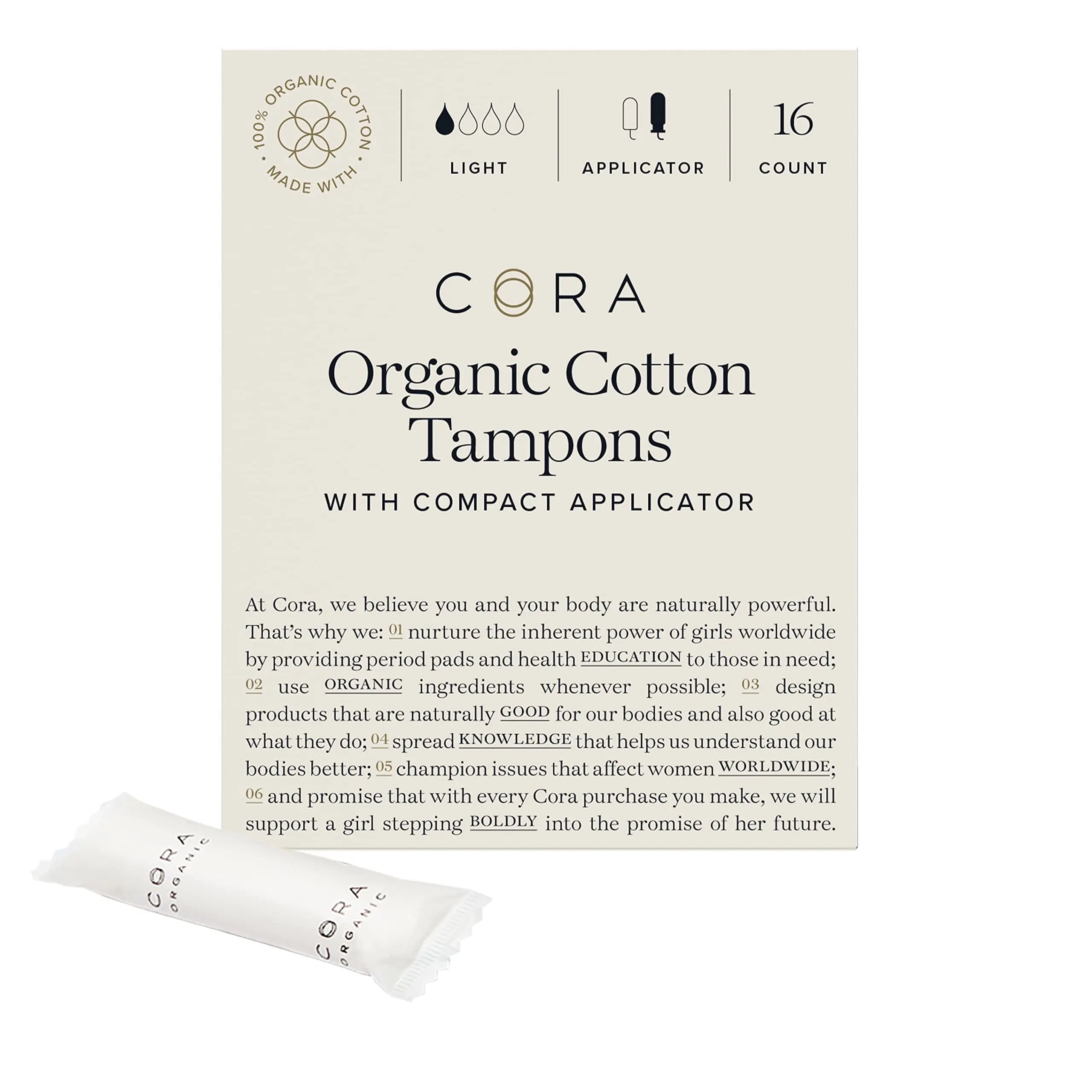 Cora Organic Applicator Tampons | Light Absorbency | 100% Cotton Core, Unscented, BPA-Free Compact Cora Au supplements