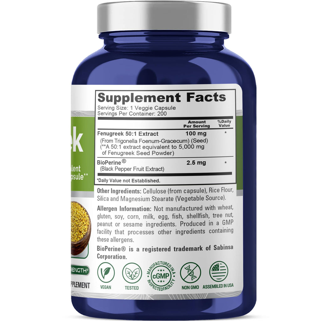 NusaPure Fenugreek Capsules, 50:1 Extract, 100 mg Equivalent to 5,000mg, 200 Veggie Caps, Non-GMO, Vegan NusaPure Au supplements