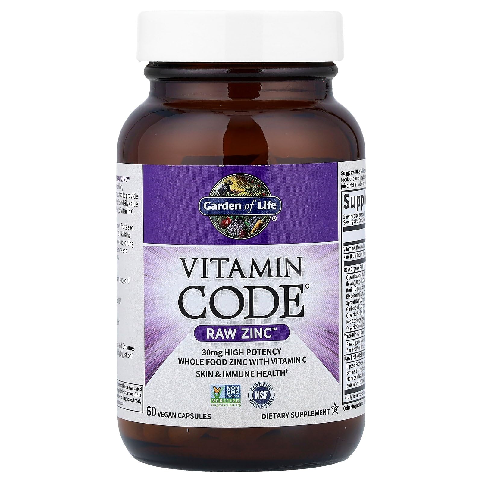 Garden of Life Zinc Supplements 30mg High Potency Raw Zinc and Vitamin C Multimineral Supplement, Vitamin Code Vitamins Trace Minerals & Probiotics
