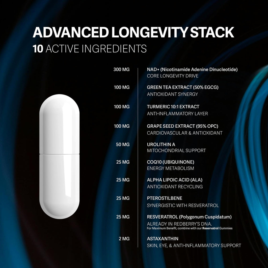 NAD Supplement with Direct NAD+ 300mg (NAD Plus) | Advanced Longevity Complex with Urolithin A & Resveratrol | NMN Alternative | 60 Capsules | Non-GMO, Gluten Free | Made in USA Redberry Organics Au supplements