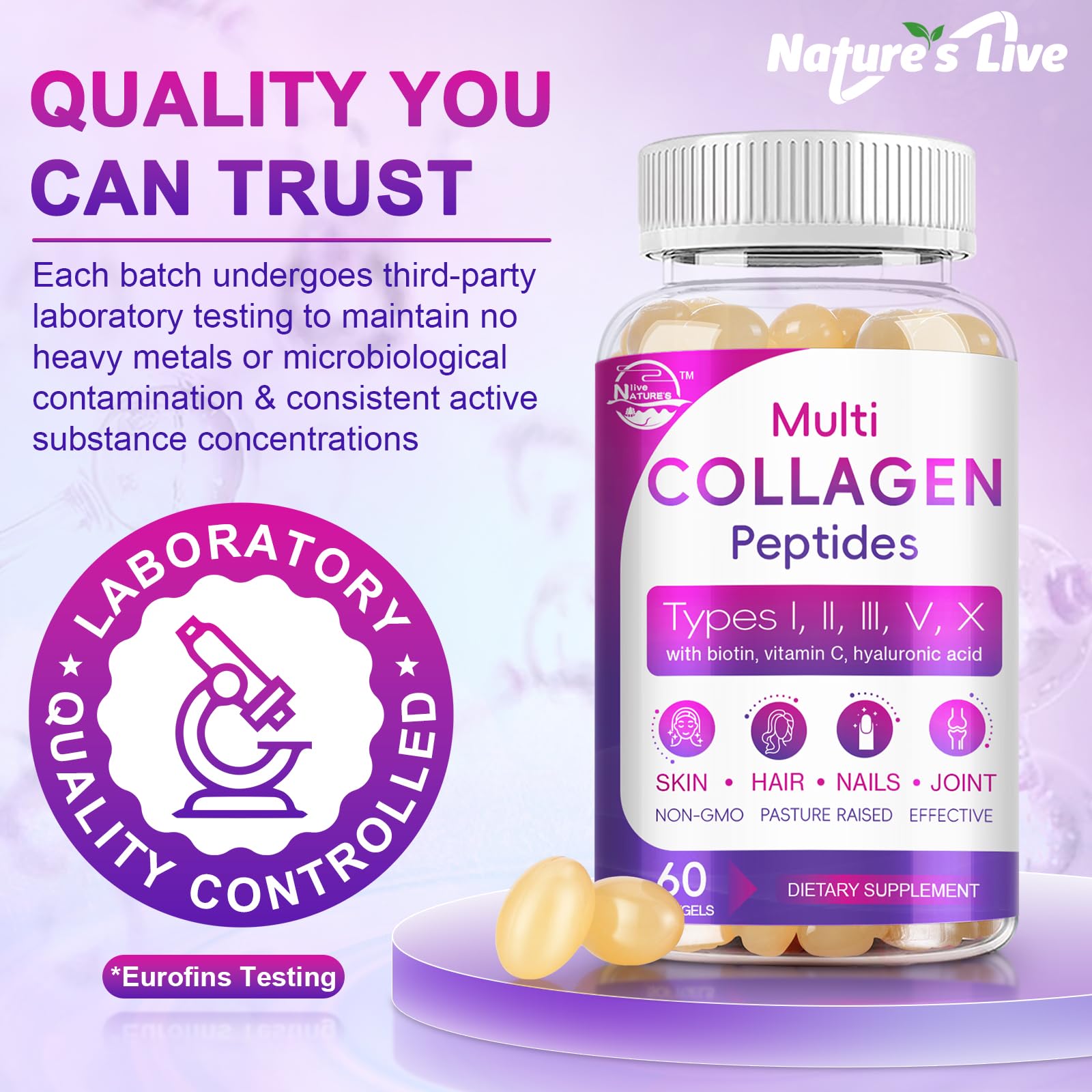 Multi Collagen Peptides Softgel - Type I, II, III, V, X - Hydrolyzed Collagen Peptides with Biotin, Vitamin C, Hyaluronic Acid, Supports Skin Hair Nail
