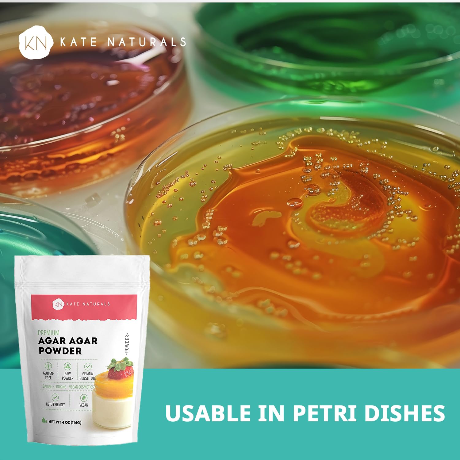 Kate Naturals Agar Agar Powder for Cooking & Petri Dishes. Vegan Gelatin Substitute Powder Unflavored for Gelatin Sheets
