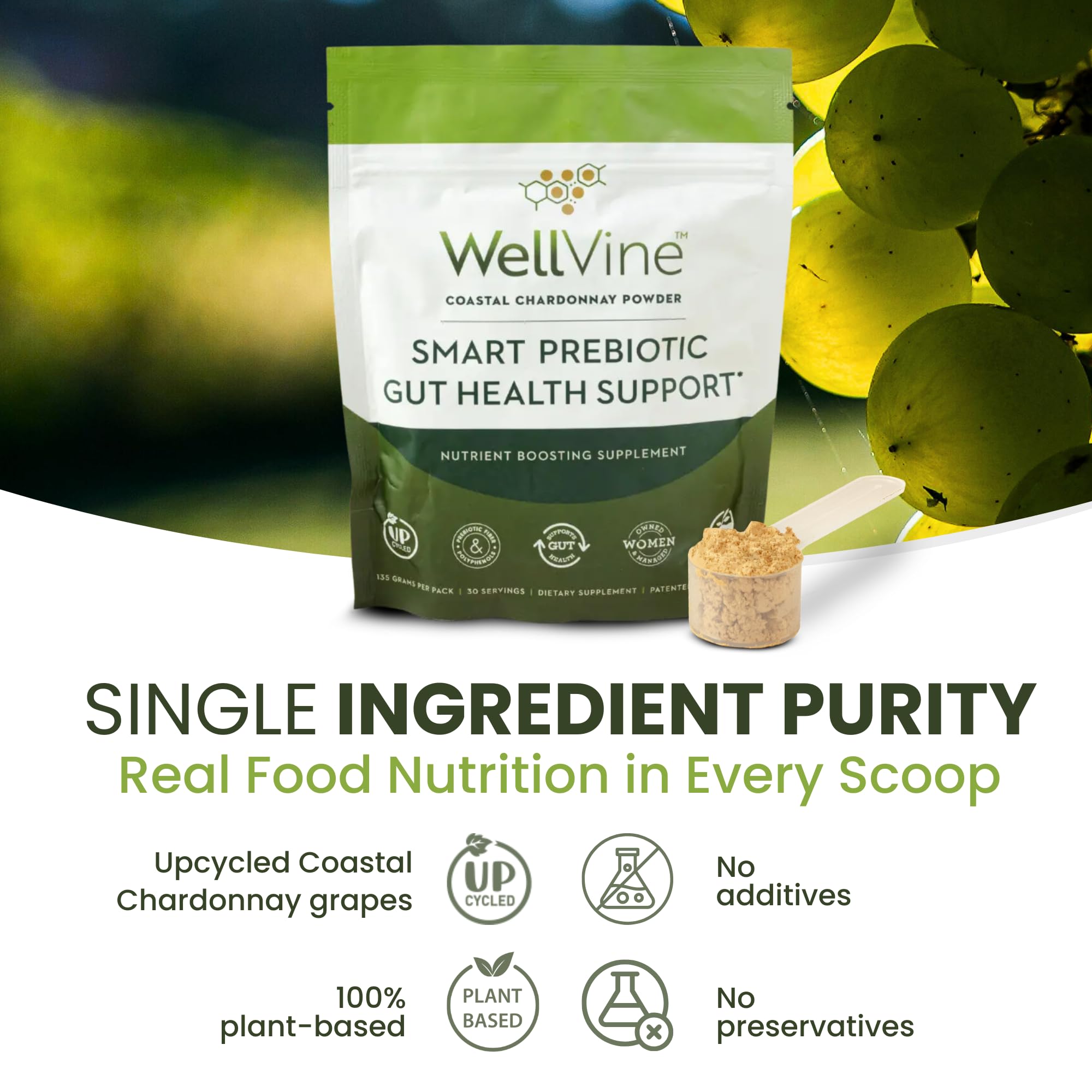 WellVine Premium Smart Prebiotic Gut Health Supplement Powder for Men & Women | Digestive Support & Gut Health With 100% Upcycled Chardonnay Grapes | Plant-Based