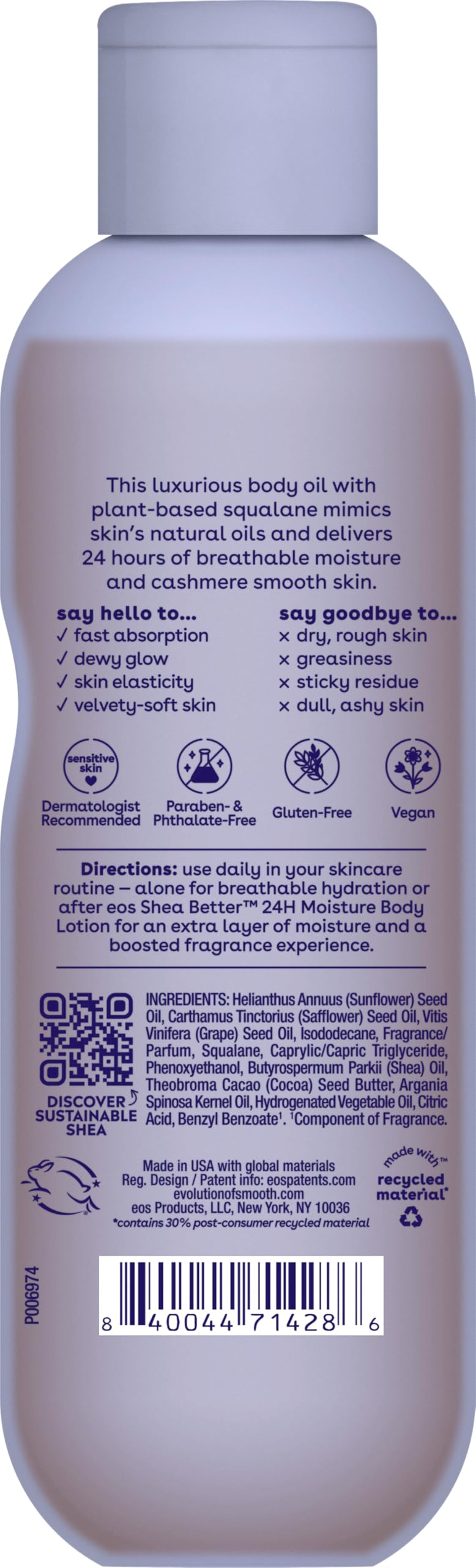eos Cashmere Oil, Vanilla, 24 Hour Moisture, Plant-Based Squalane to Soothe, Soften and Smooth Dry Skin, 6 fl oz