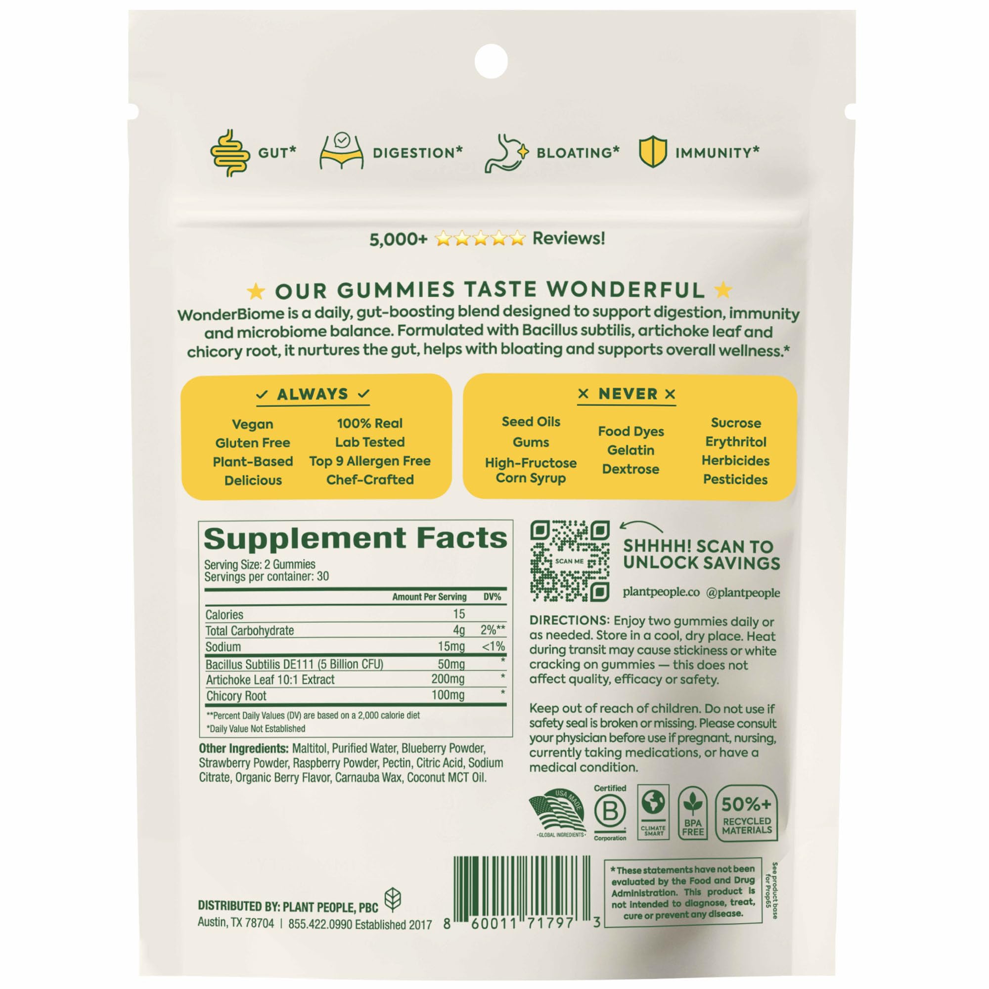 Plant People WonderBiome 2-in-1 Prebiotic + Probiotic Gummies – Zero-Sugar Vegan Digestive Health & Bloating Relief – 5 Billion CFU Bacillus Subtilis DE111 + Artichoke & Chicory – 60 Count Plant People Au supplements