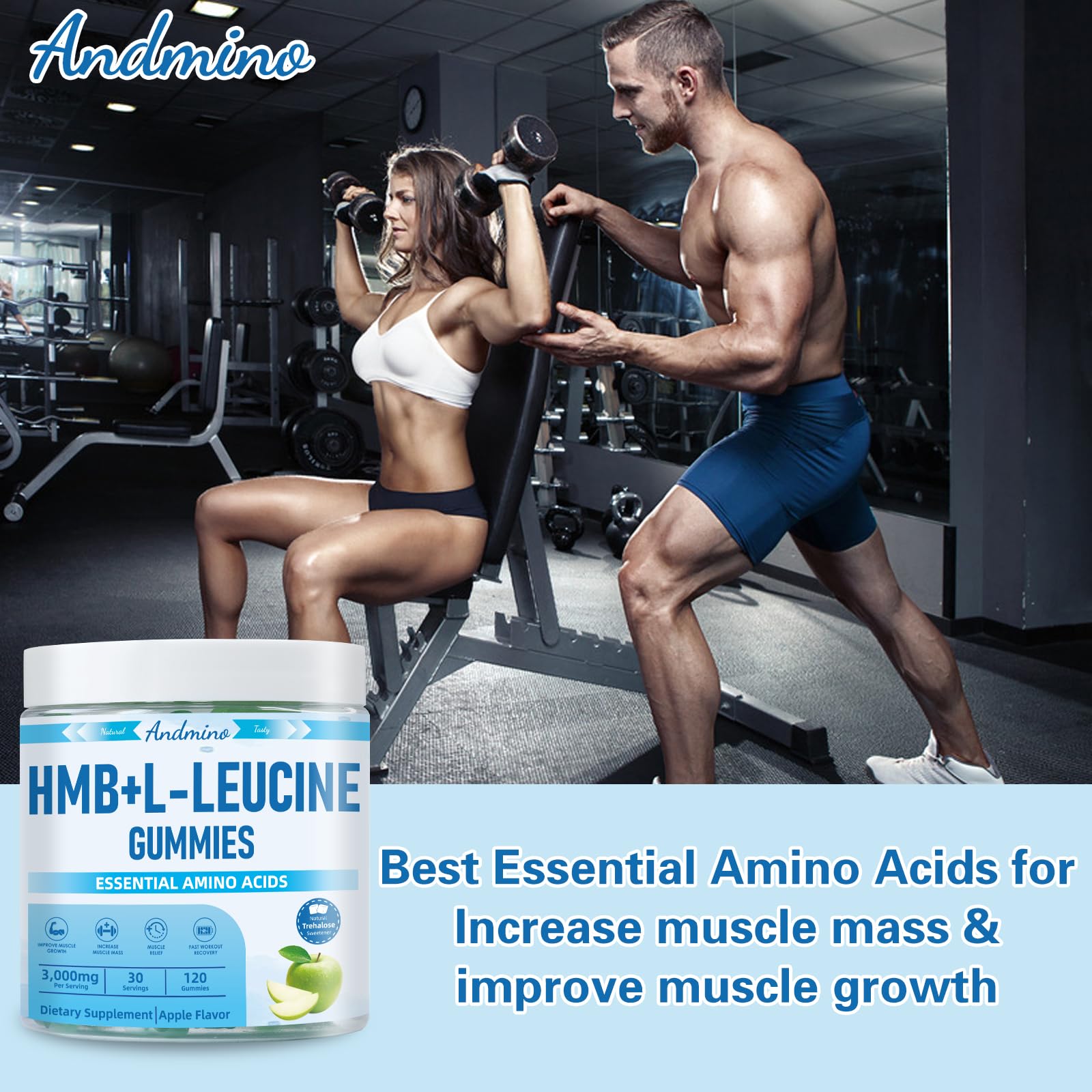 andmino HMB and L-Leucine Gummies, 3000mg, with Trehalose, for Muscle Growth, Muscle Relief and Workout Recovery, for Adults & Elder, Non-GMO