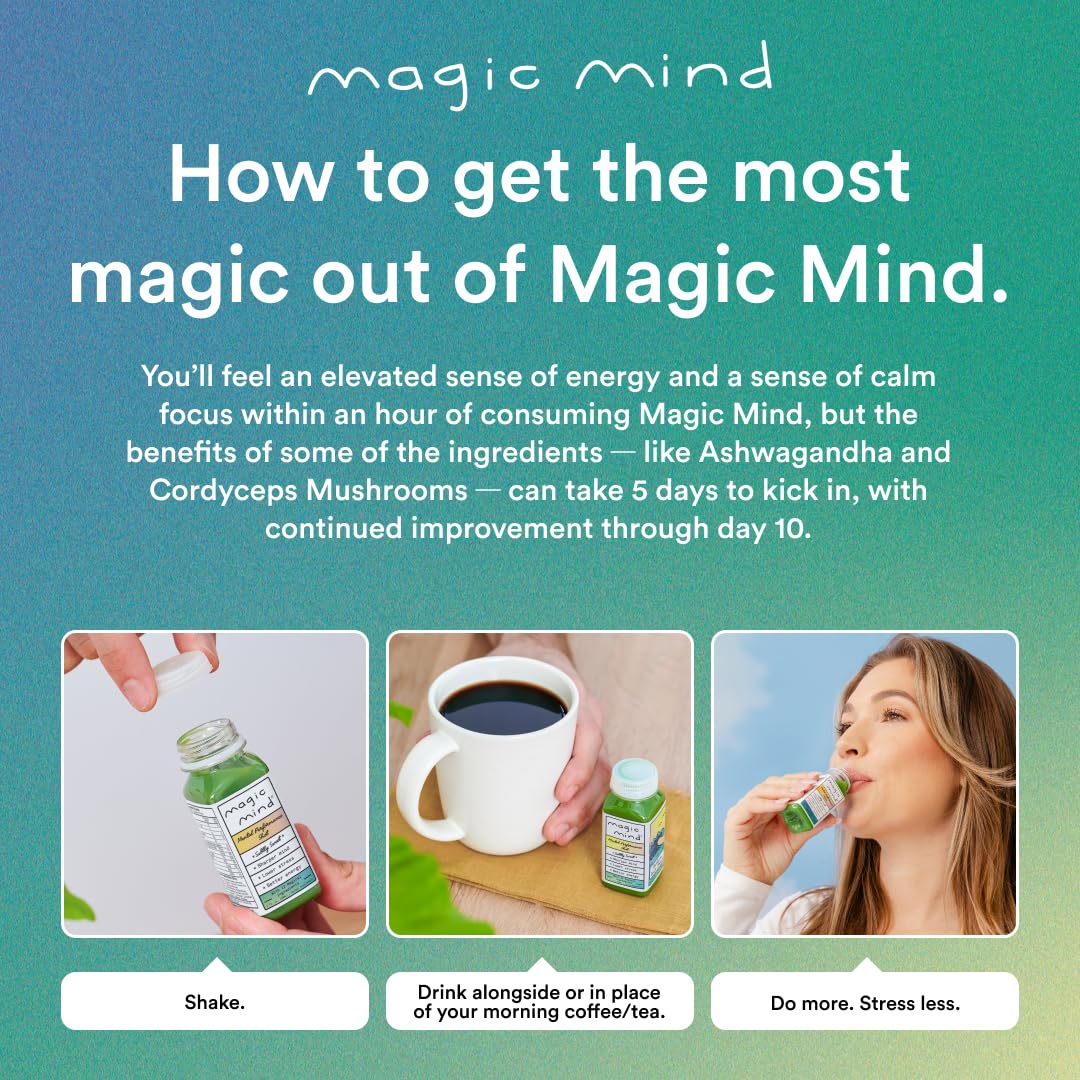 Magic Mind Focus Energy Drink Shots - No Jitters, Stress Relieving, Ashwagandha, Functional Mushrooms, Matcha Green Tea, Vitamin B12, Vitamin C - 2 FL Oz (5 Pack) Magic Mind Au supplements