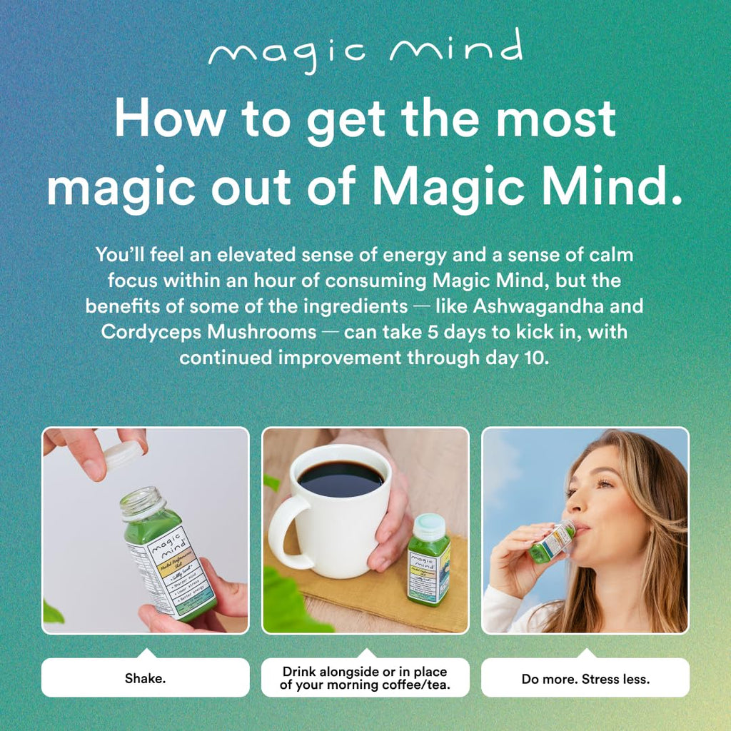 Magic Mind Energy And Focus Drink Shots - Stress Relieving, No Jitters, Ashwagandha, Vitamin B12, Vitamin C, Matcha Green Tea, Functional Mushrooms - 2 FL Oz (15 Pack) Magic Mind Au supplements