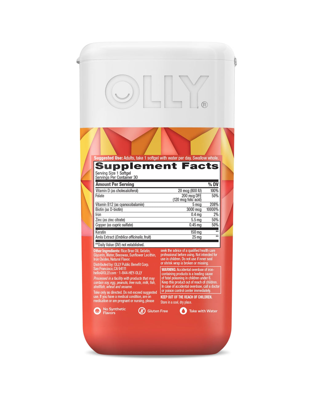 OLLY Ultra Strength Hair Softgels, Supports Hair Health, Biotin, Keratin, Vitamin D, B12, Hair Supplement, 30 Day Supply