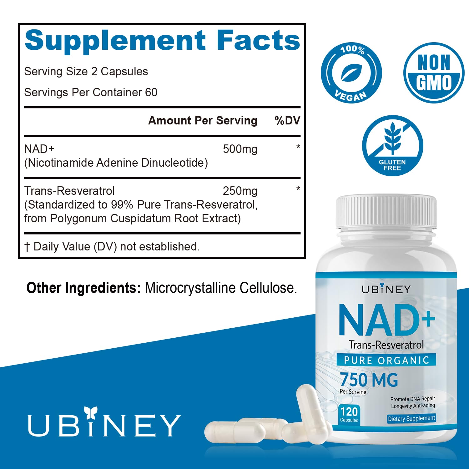 Ubiney NAD+ 750mg with Trans-Resveratrol – Pure Organic Nicotinamide Adenine Dinucleotide Supplement – DNA Repair, Cellular Energy, Anti-Aging Support – 120 Vegan Capsules, Non-GMO, Gluten-Free Ubiney Au supplements