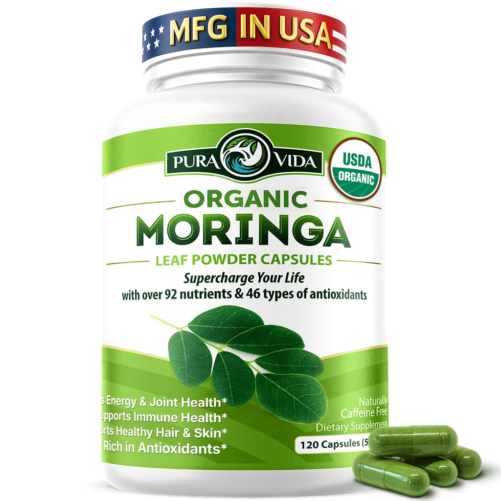 PURA VIDA MORINGA Organic Moringa Capsules, Pure Moringa Leaf Powder Single Origin for Energy, Metabolism & Immune Support