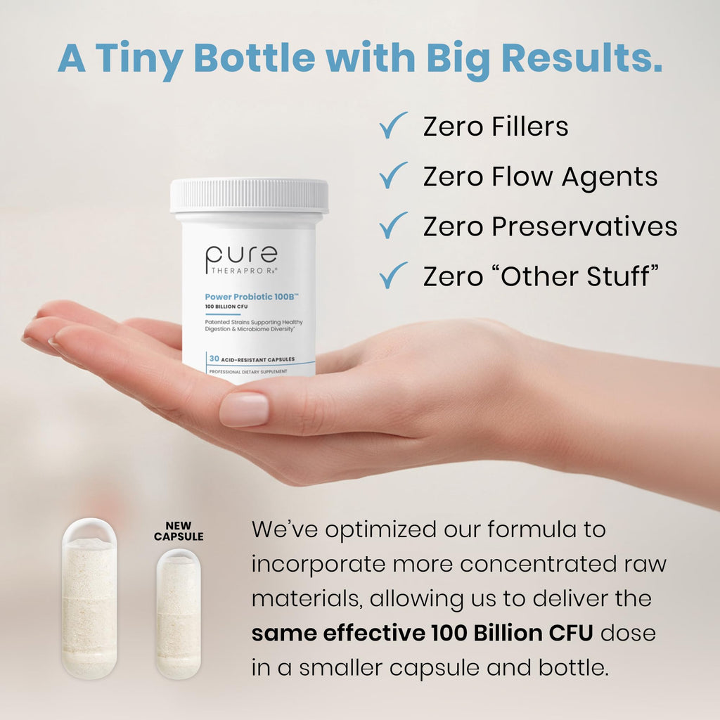 Pure Therapro Rx Power Probiotic 100B | 30 Acid Resistant Capsules - 1 Month Supply | 4 Proven Strains 100 Billion CFU | Flora Balance & Digestion