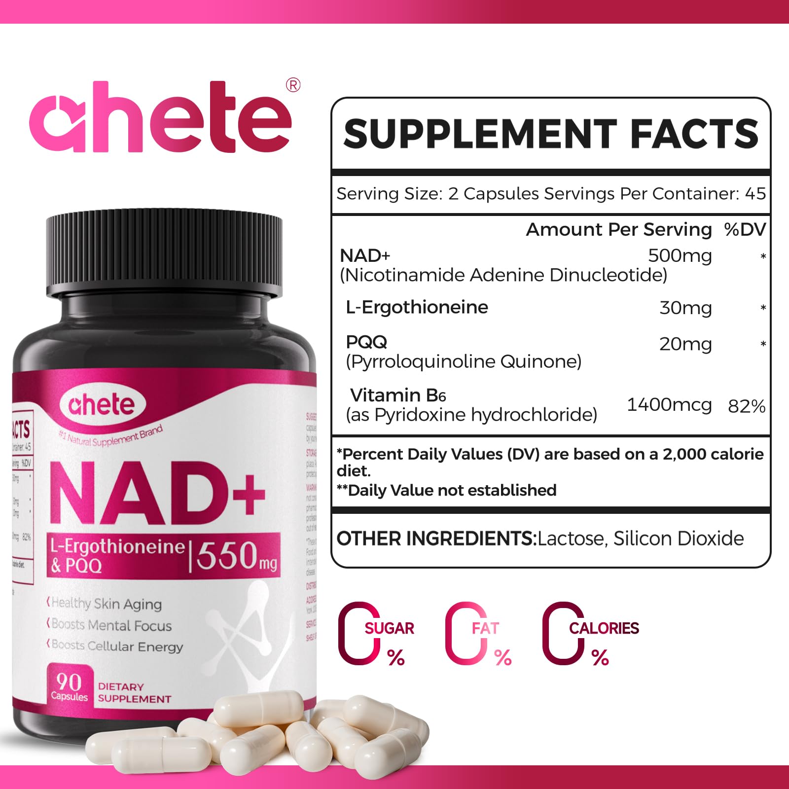 Ahete NAD Supplement with L-Ergothioneine, PQQ, Vitamin B6, and NMNH Supplement - for Cellular Health, Energy Support and Healthy Aging for Women & Men - Vegetarian, Non-GMO, Gluten Free- 90 Capsules Ahete Au supplements