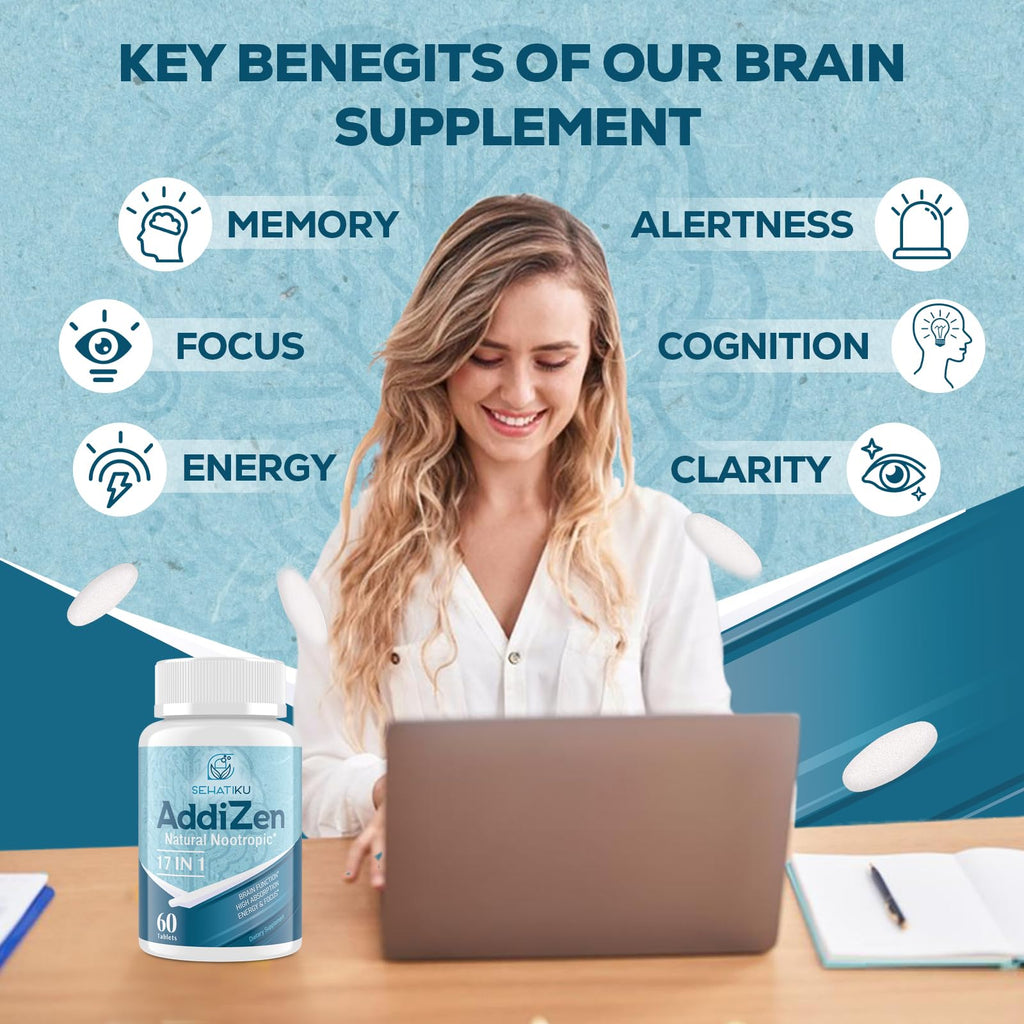 17-in-1 Brain Supplement for Memory and Focus | Natural Nootropics Brain Supplement for Brain Cognition, Energy | High Absorption | L-Theanine, Phytonutrient Blend and Vitamins B6, B12 | 60 Tablets SehatiKu Au supplements