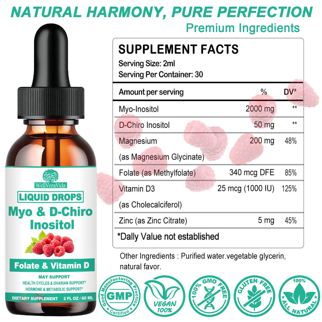 Myo Inositol & D-Chiro Inositol Supplement Liquid for Women- Ideal 40:1 Ratio Inositol Drops with MTHF Folate, Magnesium, Vitamin D, Supports Hormone Balance, Regular Cycles & Ovarian Health丨Vegan WellVeraVida Au supplements