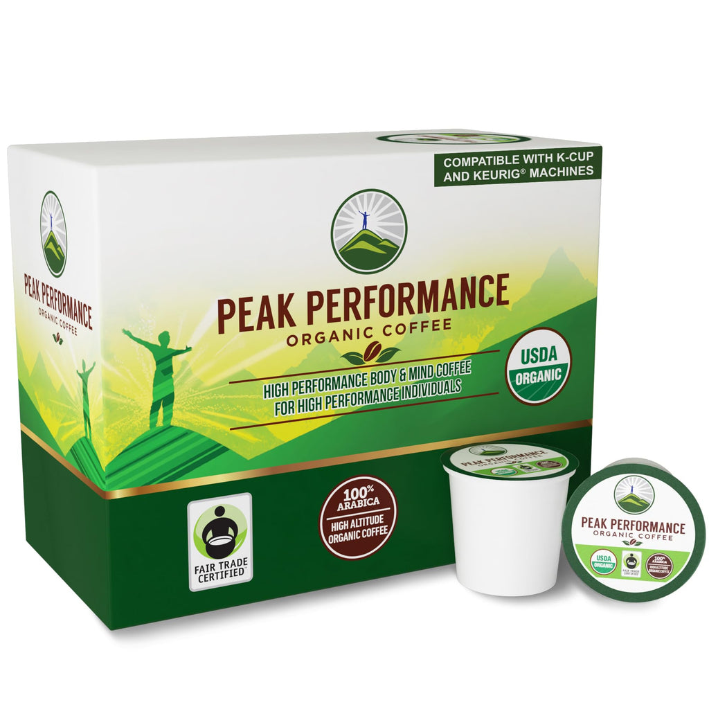 USDA Organic Coffee Pods - Compatible with K-Cup and Keurig Machines - High Altitude Fair Trade Low Acid Beans Medium Roast Single Serve 24 Count Recyclable Cups by Peak Performance Peak Performance Au supplements