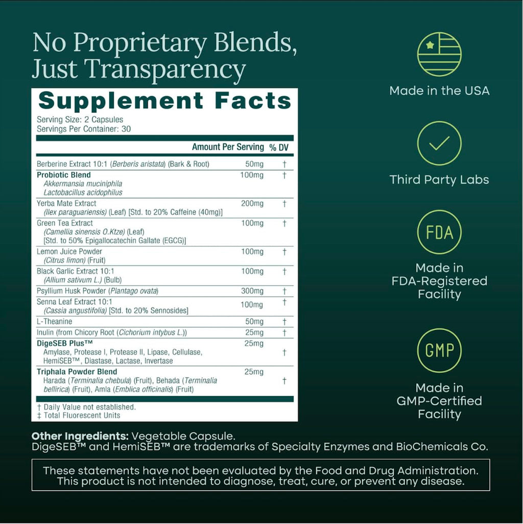 Colon Cleanse + Supplement Weight Loss & Energy - Appetite Suppressant & Fat Burner for women and men with Berberine, Yerba Mate, Psyllium Husk, Senna Leaf