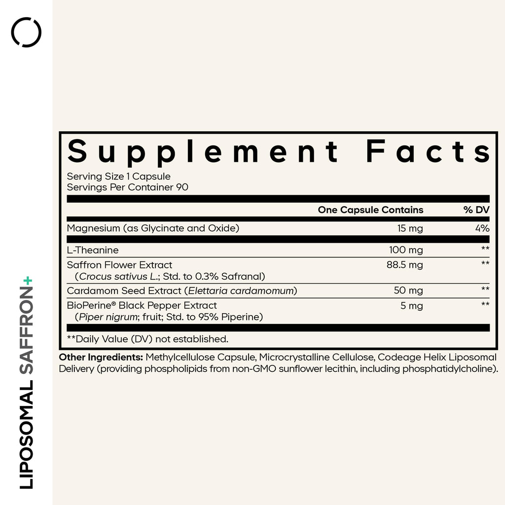 Codeage Liposomal Saffron+ Supplement - Saffron Extract, Magnesium, L-Theanine, Cardamom, BioPerine - 3-Month Supply - Kesar Spice, Liposomal Delivery - Non-GMO - 90 Capsules Codeage Au supplements